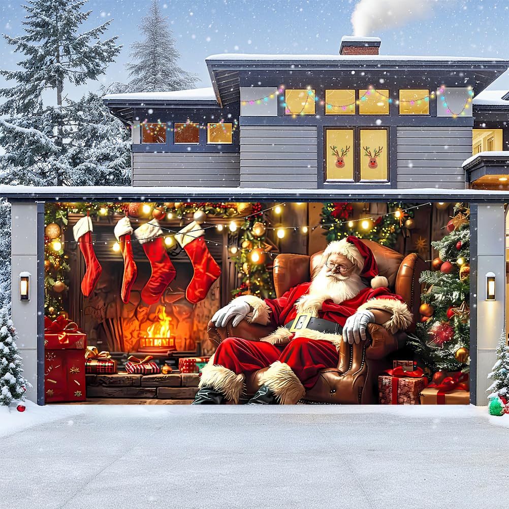 Zfflyh Gift Santa Claus Christmas Garage Door Banner Cover Christmas Decorations Santa Claus Cover Garage Door Murals Large Xmas Backdrop Decoration For Indoor Outdoor,,8 * 7Ft