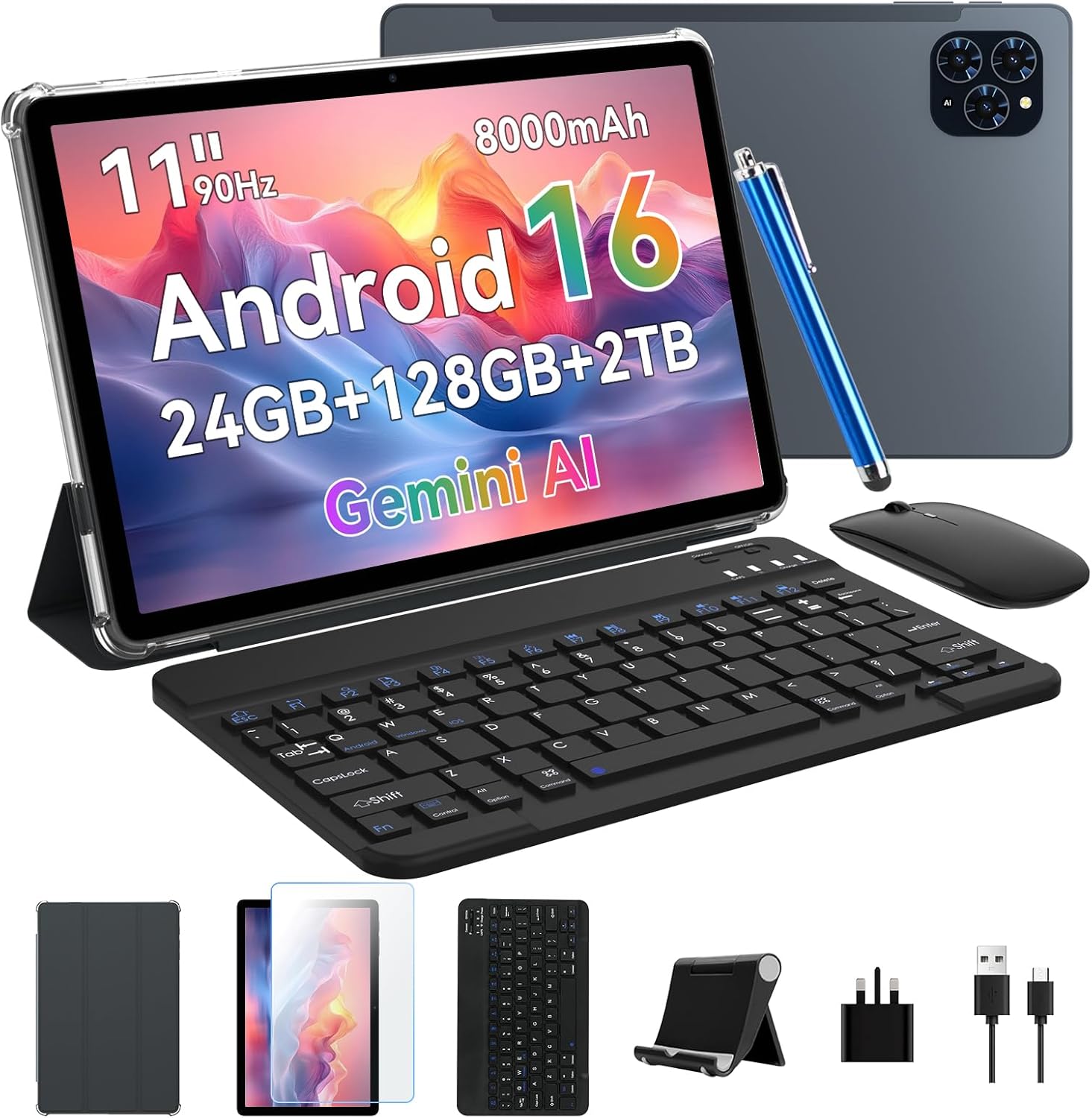Tablet 2025 Android 16 Tablet with Gemini AI 2.0, 11 Inch FHD Display, 24GB RAM 128GB ROM /2TB TF, T615 CPU, 13MP AI Camera, 8000mAh, 5GWIFI, Widevine L1, 2 in 1 Tablets with Keyboard Mouse Stylus