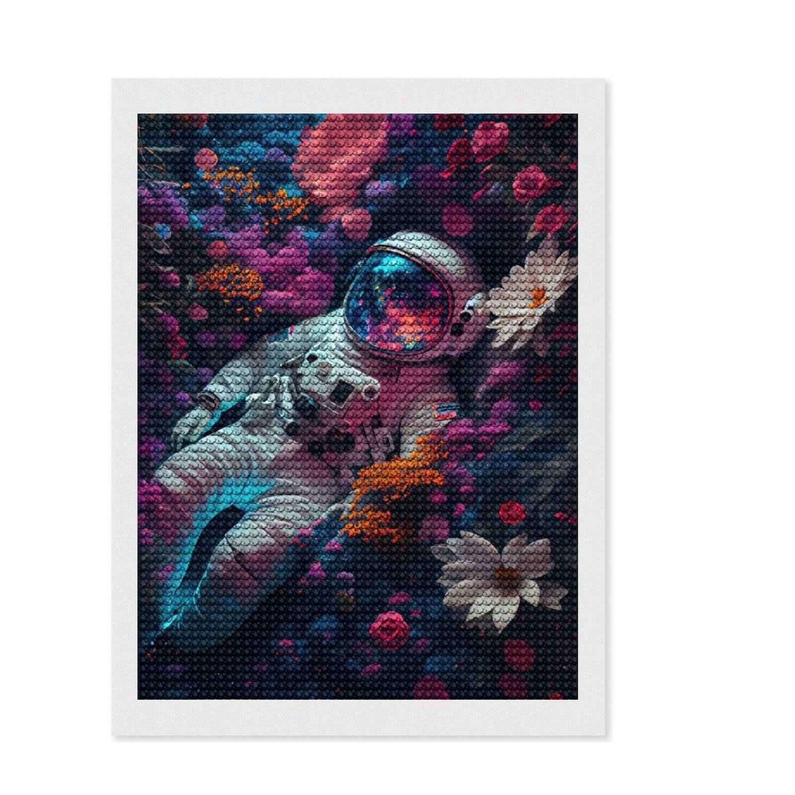 Junmoney Astronaut Flower Planet Round Drill Diamond Painting 12"x16", for Adults, Creative Leisure Activity, Office Decor, Holiday Gift Idea
