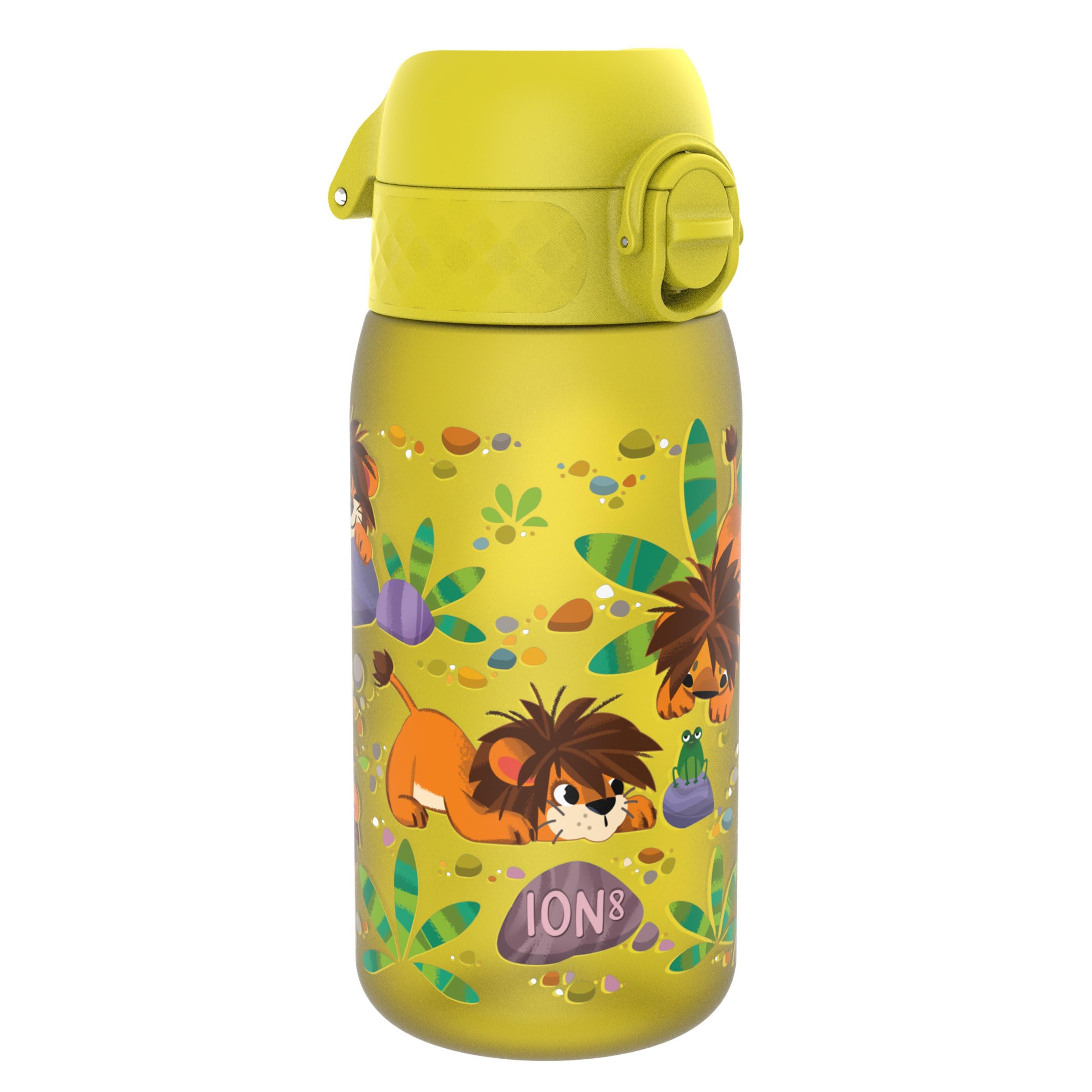 ion8 Kinder Trinkflasche, 350ml, Auslaufsicher, Einhandöffnung, Sichere Verriegelung, Spülmaschinenfest, BPA-frei, Tragegriff, Klappdeckel, Leicht zu Reinigen, Klimaneutral, Babylöwen, Design