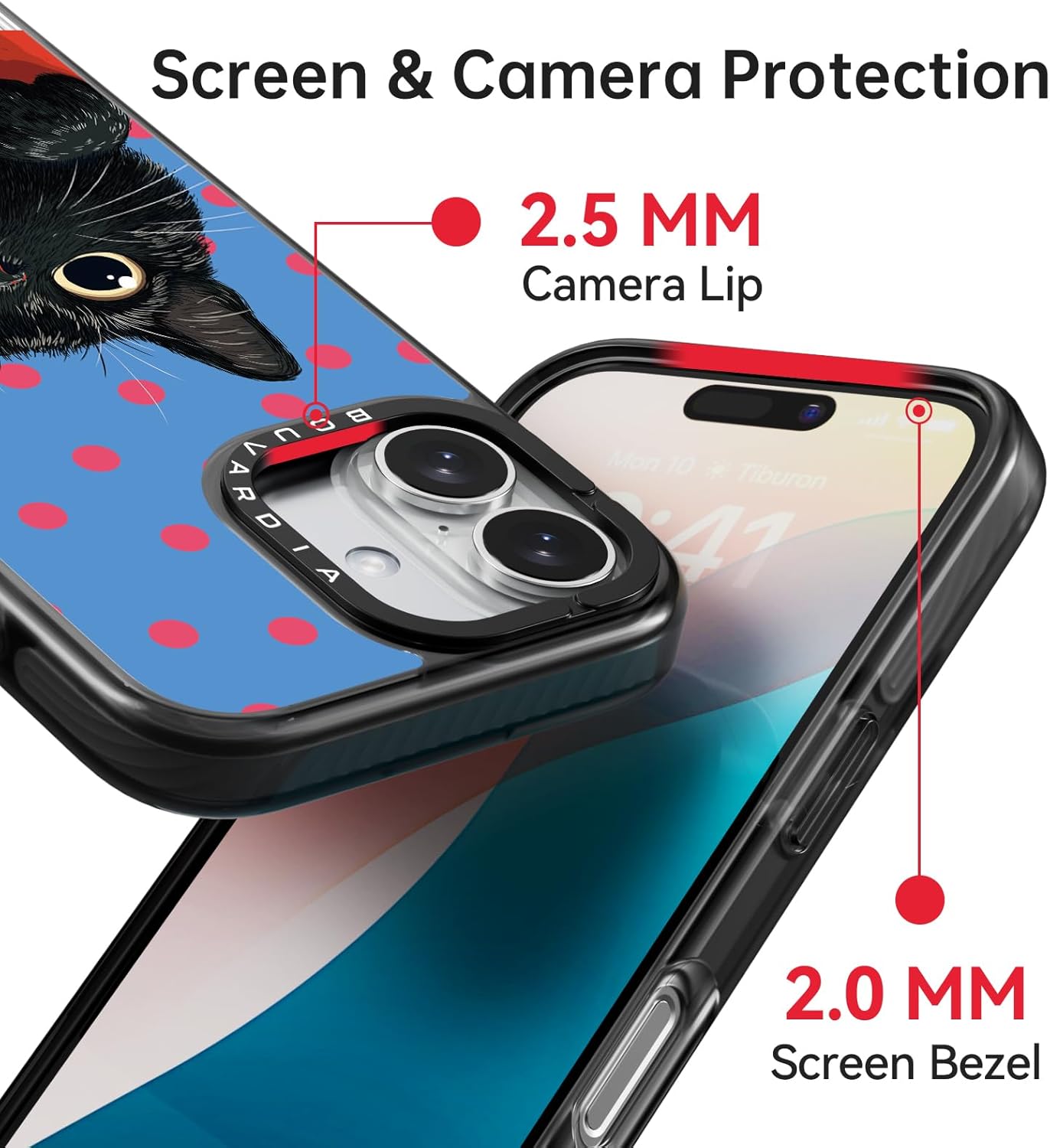 Bouvardia for iPhone 16 Case, Cute Design for Women & Girls, Protective & Aesthetic, Gray Bumper - Cat & Polka Dots - Image 3