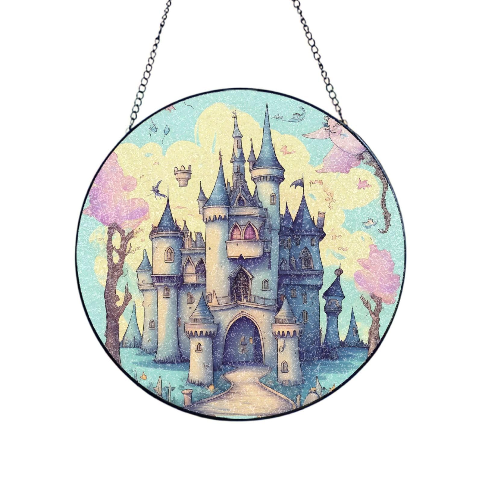 Phayah Fairytale Castle Print Glass Window Hanging Round Suncatcher Glass Ornament Garden Wall Fence Decorations Indoor Outdoor 4in（10cm）