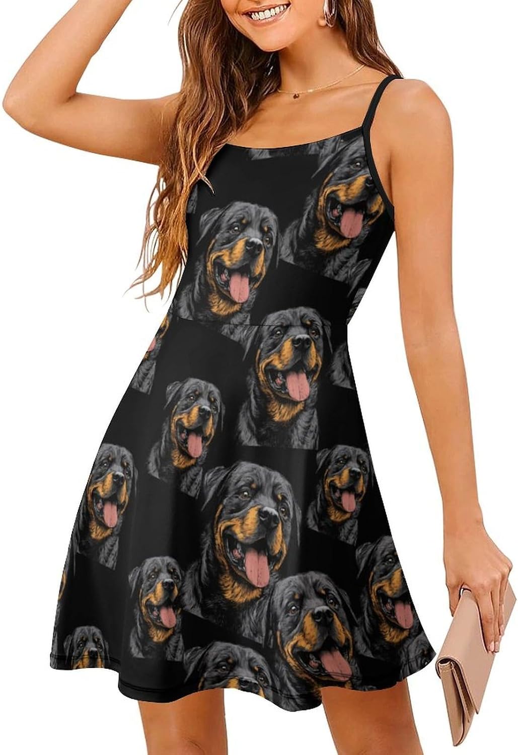 Dog Rottweiler Short Cami Dress for Women Adjustable Spaghetti Strap Flowy Sundress Beach Vacation
