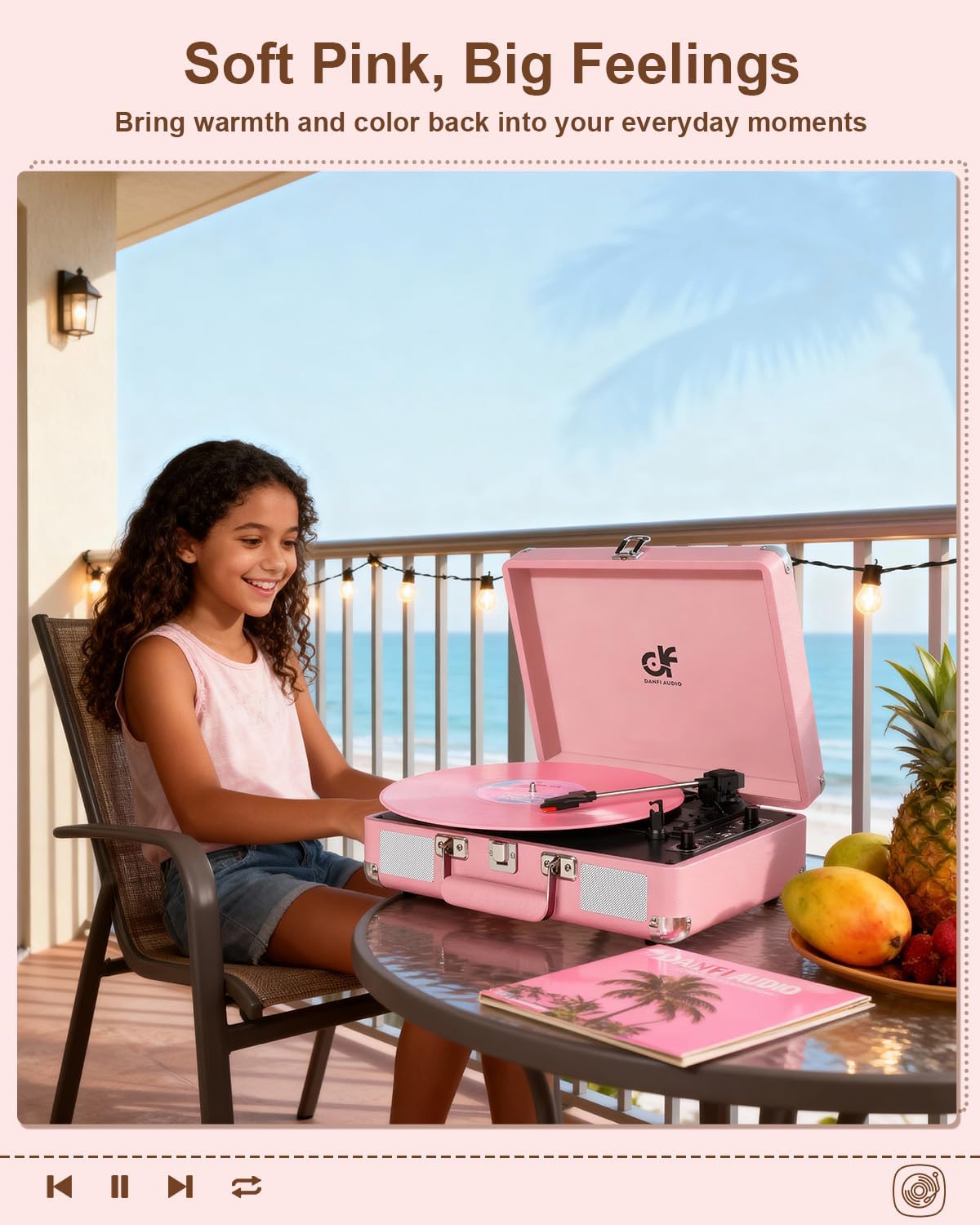 Vinyl Record Player 3-Speed Portable Suitcase Turntable with Built-in Speakers, Bluetooth Playbaack, Vinyl to MP3 Conveter, USB Recording, RCA, AUX & Headphone Output Pink