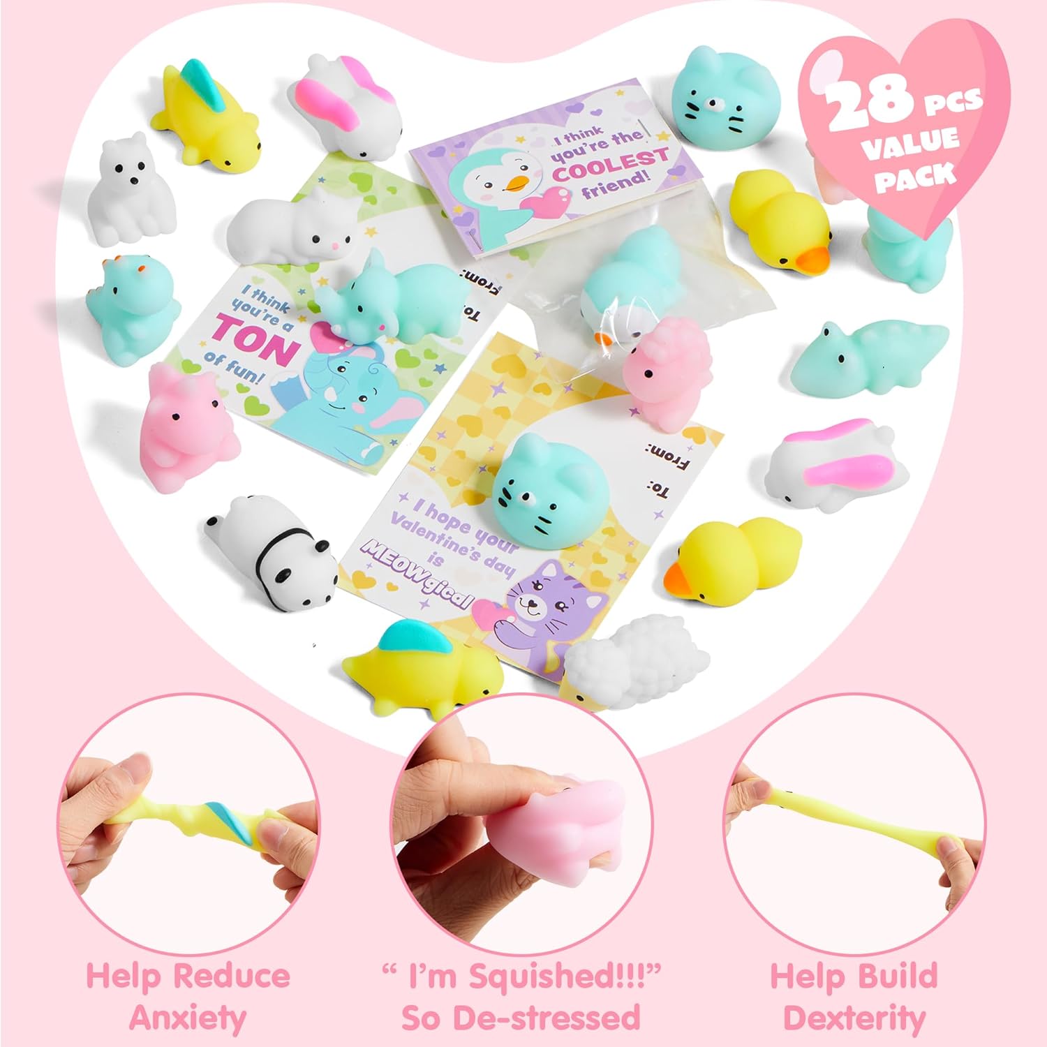 JOYIN 28 Packs Valentine’s Day Gift Cards with Mochi Squishy Toys, 14 Design Kawaii Animal Mochi Squishy Toys, Stress Relief Fidget Toy for Kids Party Favors, Classroom Gift Exchange Prize