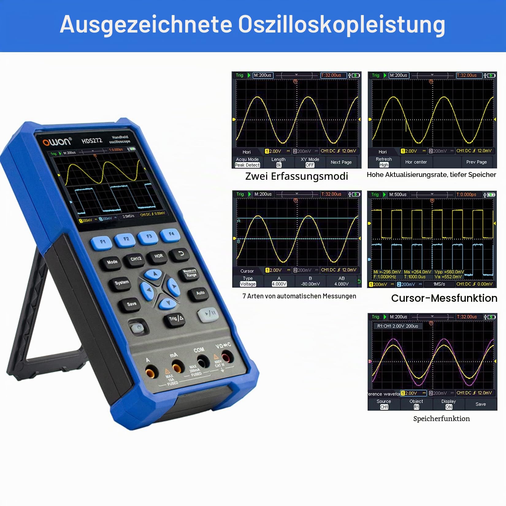 OWON HDS272 2 in 1 Handheld Oszilloskop, 70MHz Bandbreite USB Typ C mit 3,5 Zoll LCD Display, 20000 Zählungen Digital multimeter, 2 Kanal Digital Oszilloskop