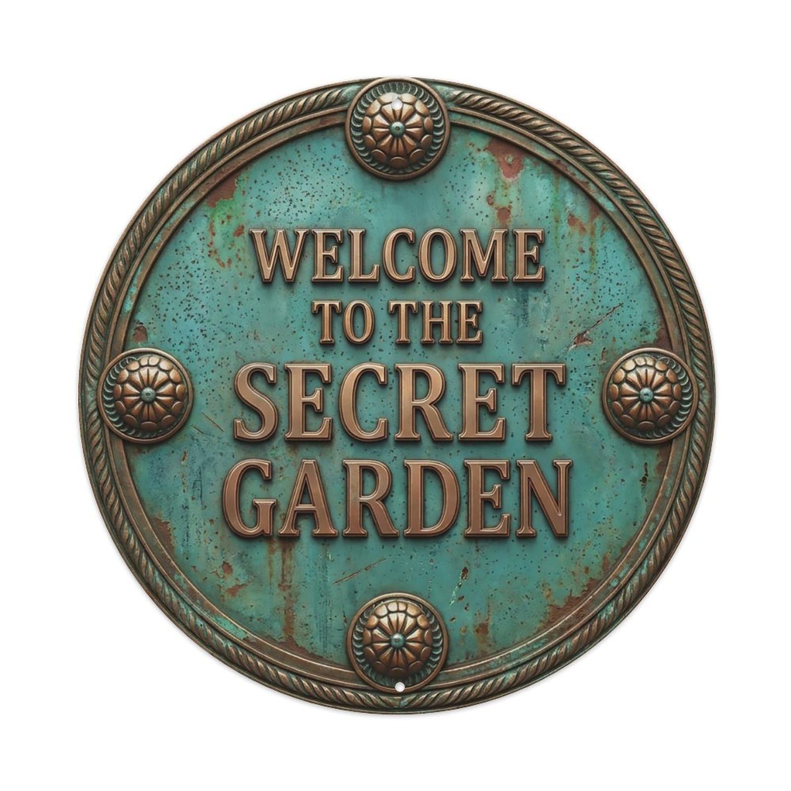 Vintage Welcome Secret Garden Ornate Carved Metal Tin Sign