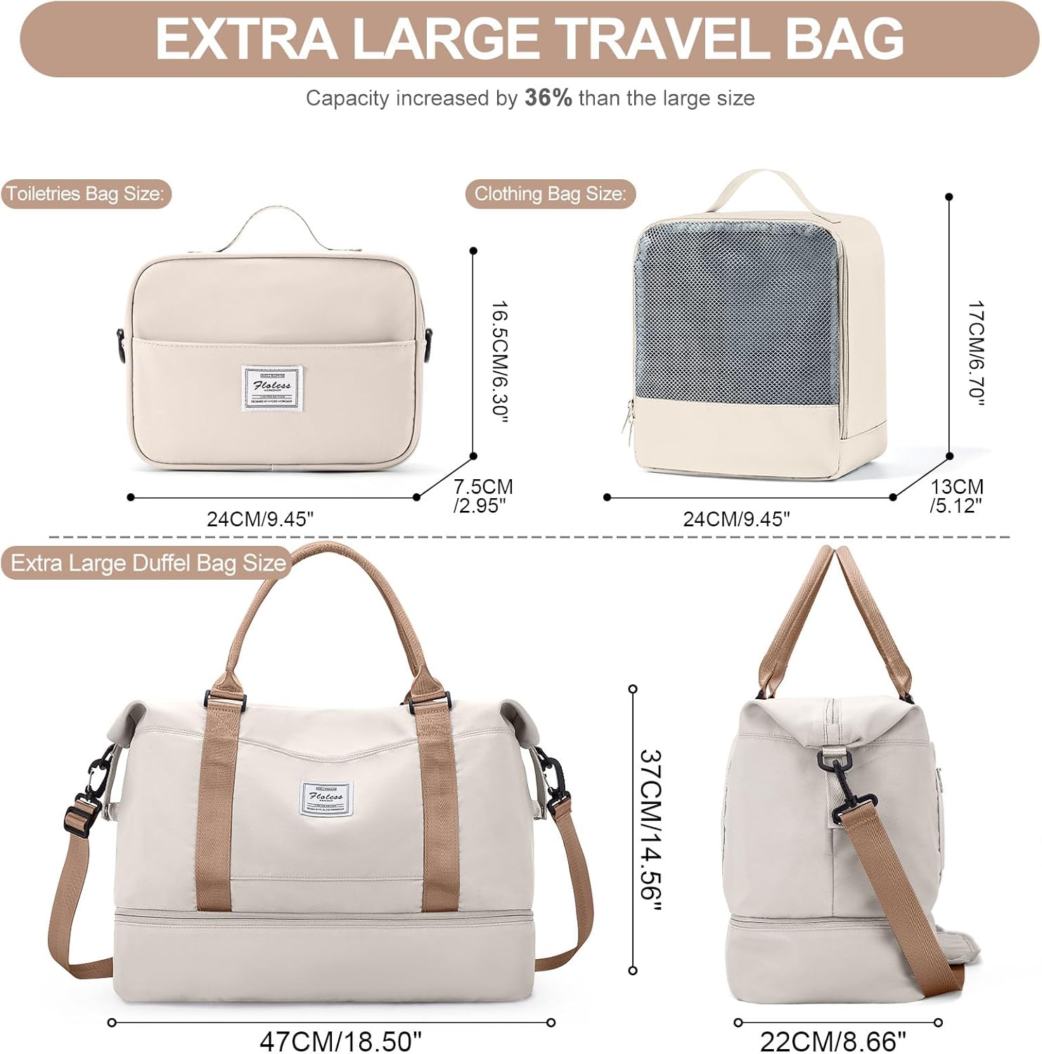 Weekender Bags for Women,Travel Duffle Overnight Bag with Shoe Compartment,Personal Item Carry On Bag,Beige & Brown,Extra Large,3 Pcs Set - Image 4