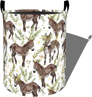 Cute Brown Donkey with Greenery Laundry Basket, Dorm Nursery Foldable Laundry Hamper Organizer for Bathroom Decor, Toy Clothes Storage Box for Bedroom 19.7x15.7 Inch