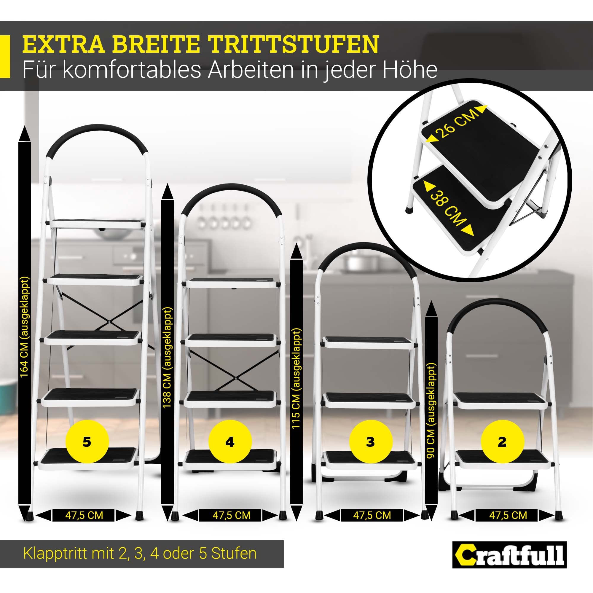 CRAFTFULL Trittleiter CF-130A 5 Stufen Klapptritt Stehleiter Mehrzweckleiter