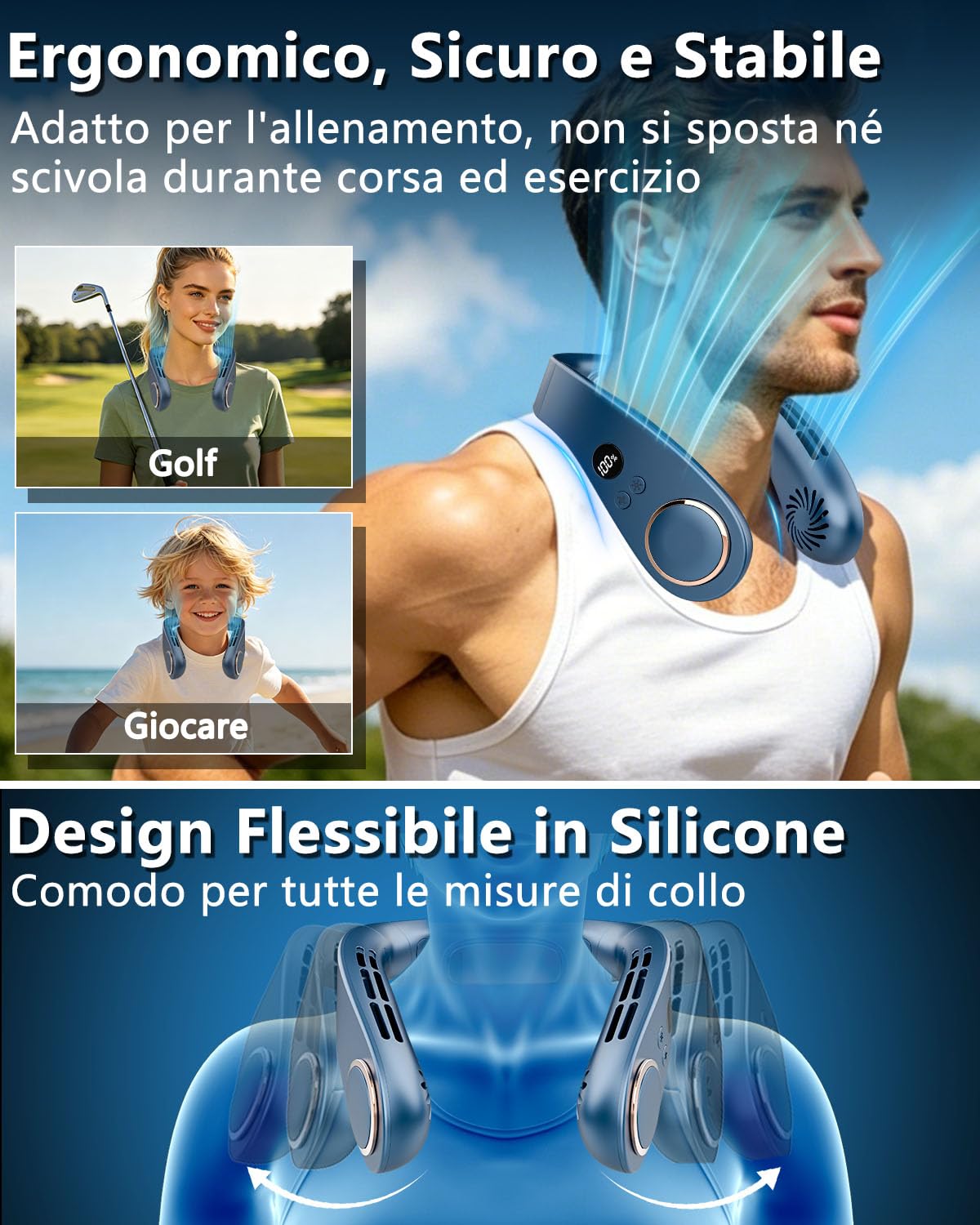 Ventilatore da Collo Raffreddatore Condizionatore Portatile, Mini Neck Fan Silenzioso con 3 Temperature e 5 Velocità, Batteria 5500mAh Potente Autonomia 15 Ore, per Mezzi Pubblici e Vita in Città