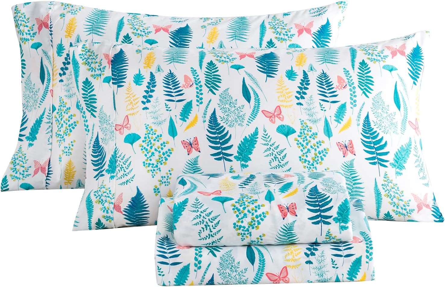 KACEMOO Floral Green Leaves Printed Boho Sheet Set Queen, 4 Piece Soft Cooling Botanical Pattern Bed Sheet Deep Pocket Queen Brushed 1800 Thread Count Microfiber Bedding Sheets Set