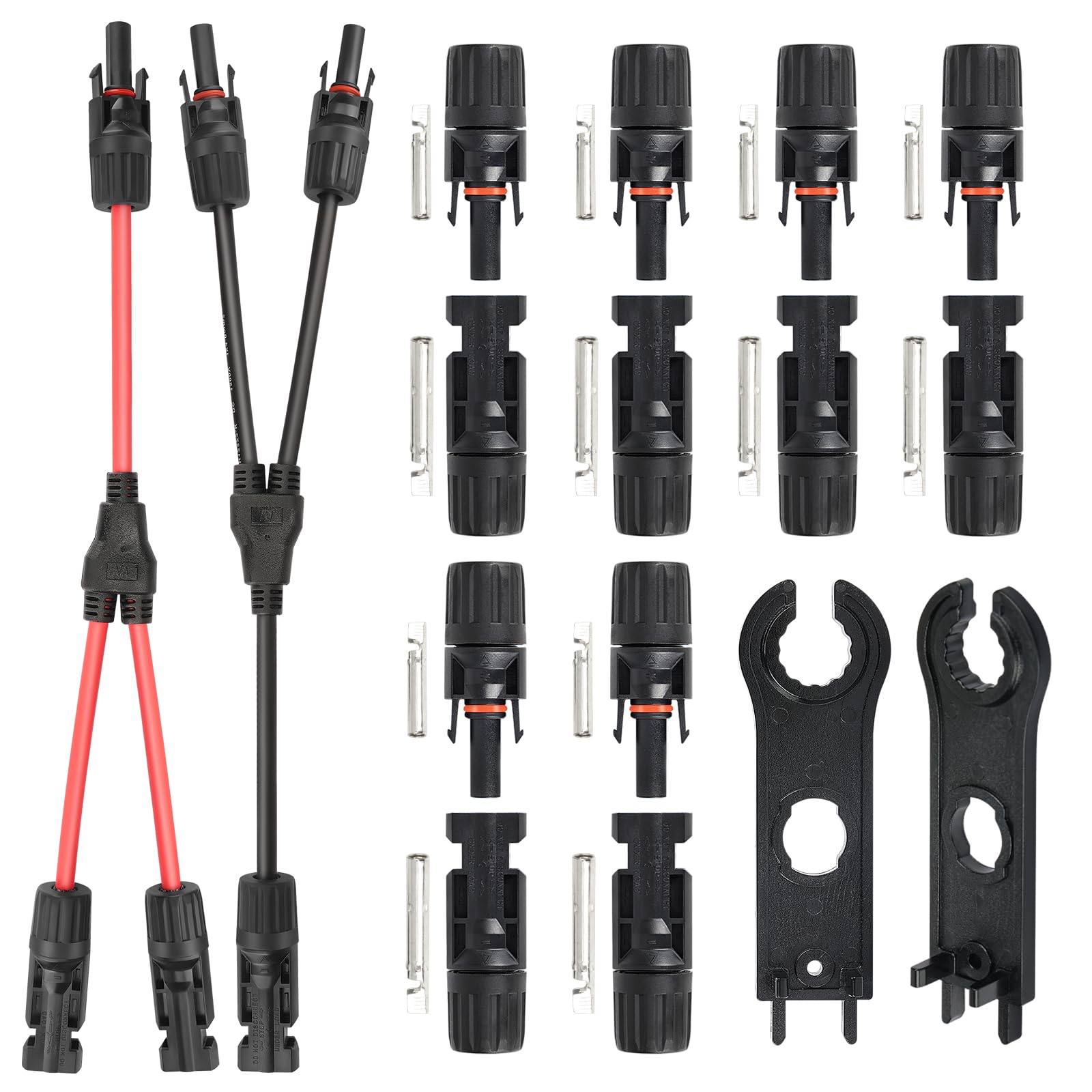 MC4 Solar Panel Connectors, 6 Pairs Male/Female Solar Panel Cable Connectors, 2 Pairs Solar Y Branch 1 to 2 Parallel Adapter Cable Wire Plug and 2pcs Wrenches for Solar Panel