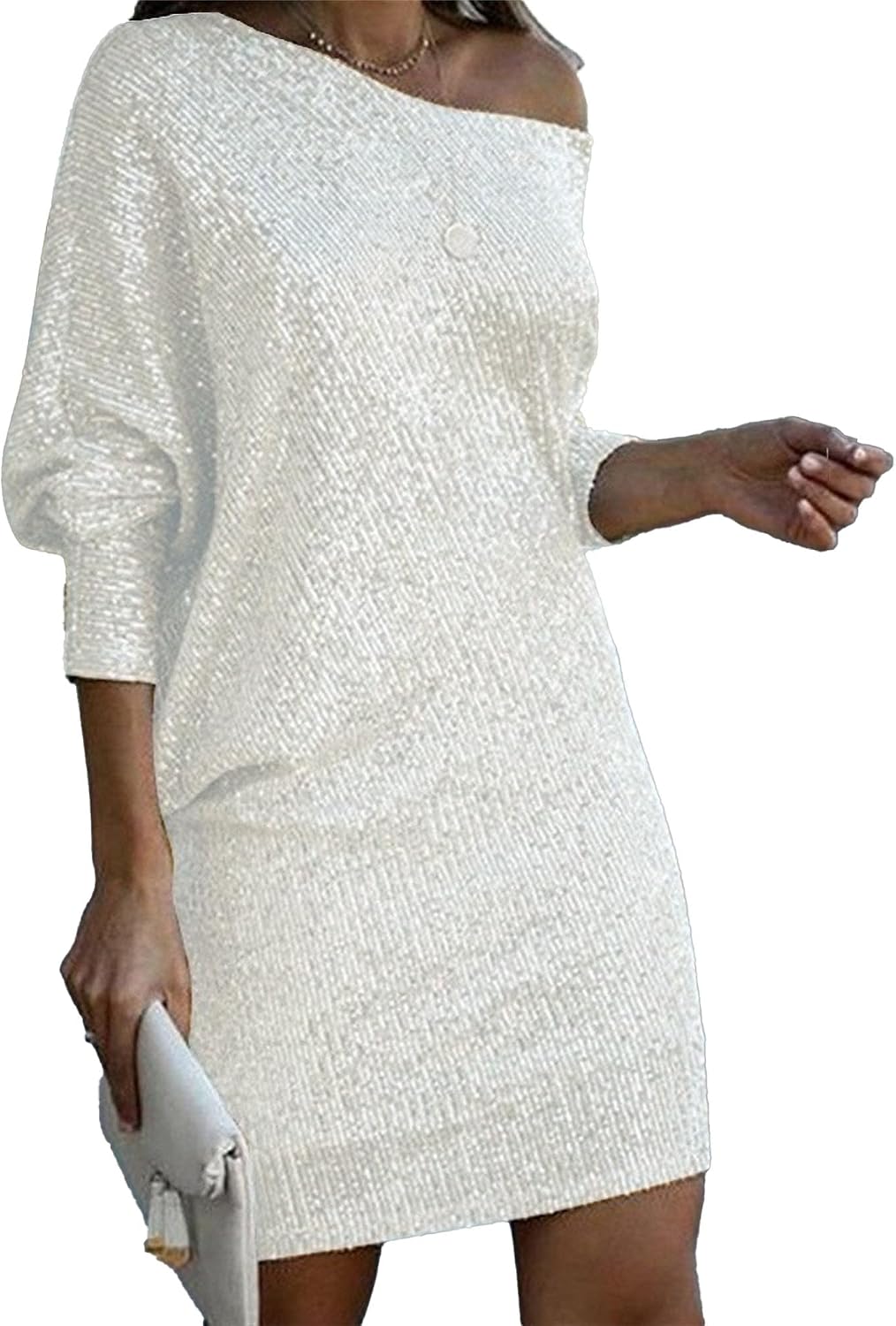 Generic Women's One Shoulder Sparkle Sequin Dress Stretchy Cocktail Club Mini Dress Long Sleeve Bodycon Party Formal Dress