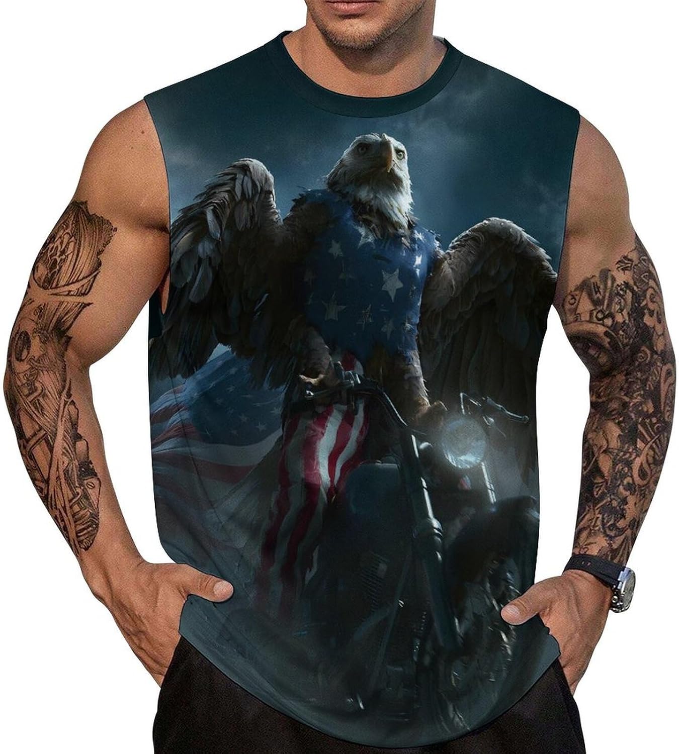 U.S. Ea-gle on Motorcycle Men Summer Sleeveless Crew Neck Top 5XL