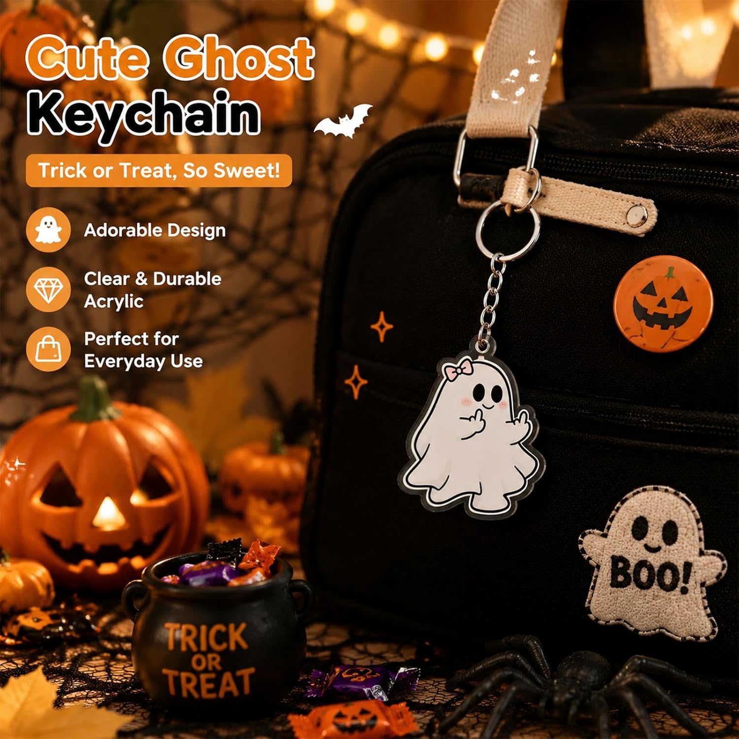 Halloween Decorations Ghost Keychain Boo Basket Stuffers for Women Men Halloween Gifts for Adults Spooky Basket Stuffers for Women Horror Gifts Boo Baskets Ideas Adult Keychain Keyring