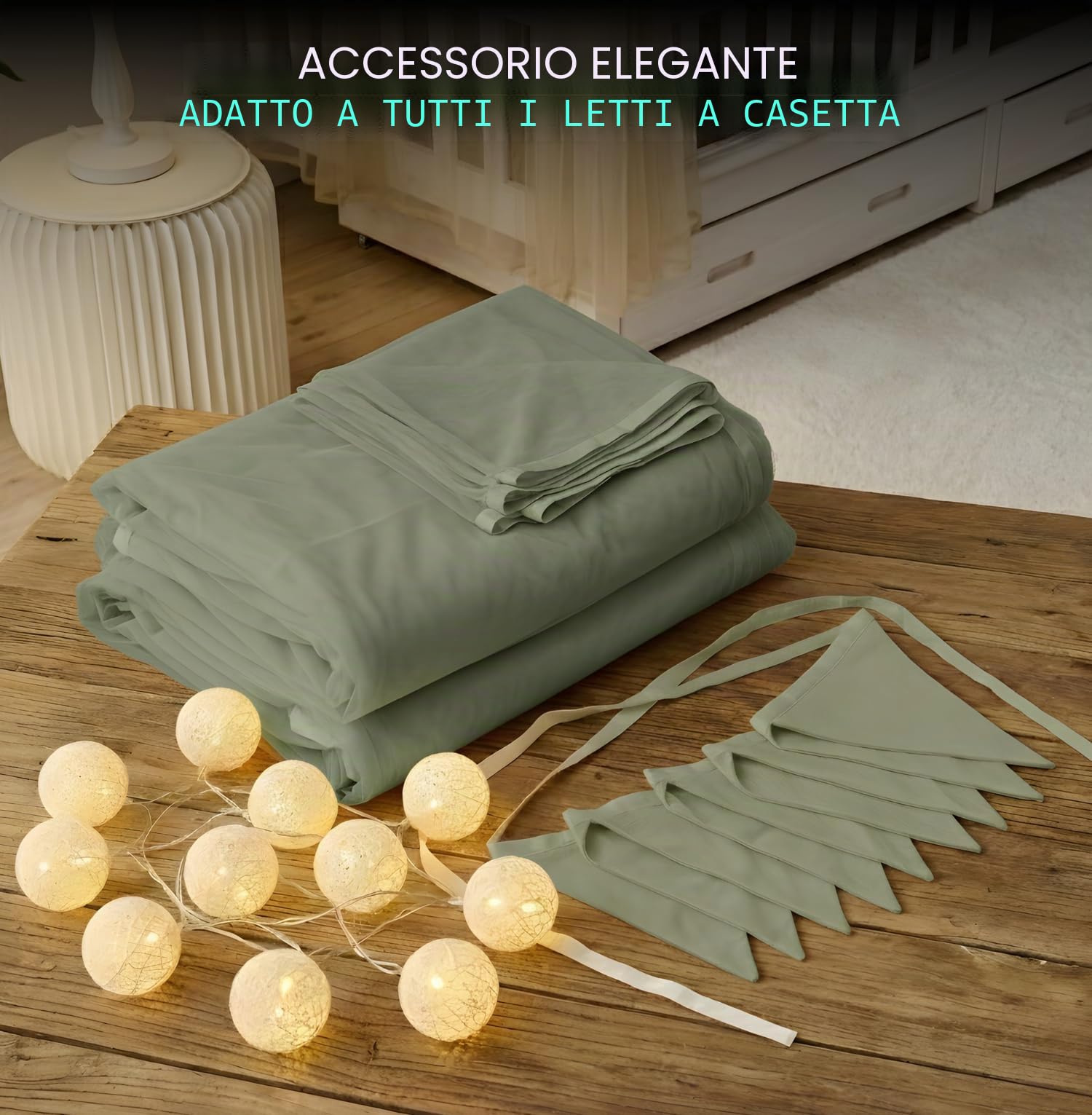 ALAVYA HOME® Set di 4 decorazioni per letto di casa, con 2 baldacchini, 1 bandierine, lunghezza 300 cm, per lettino, cameretta dei bambini, bandierine, 100% cotone biologico, 150 x 350 cm, con catena