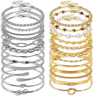 Boho Gold Plate Chain Bracelets Set for Women Girls Multiple Layered Necklace Open Cuff Wrap Bangle Adjustable Link Chian BraceletsJewelry for Women Girls Gift
