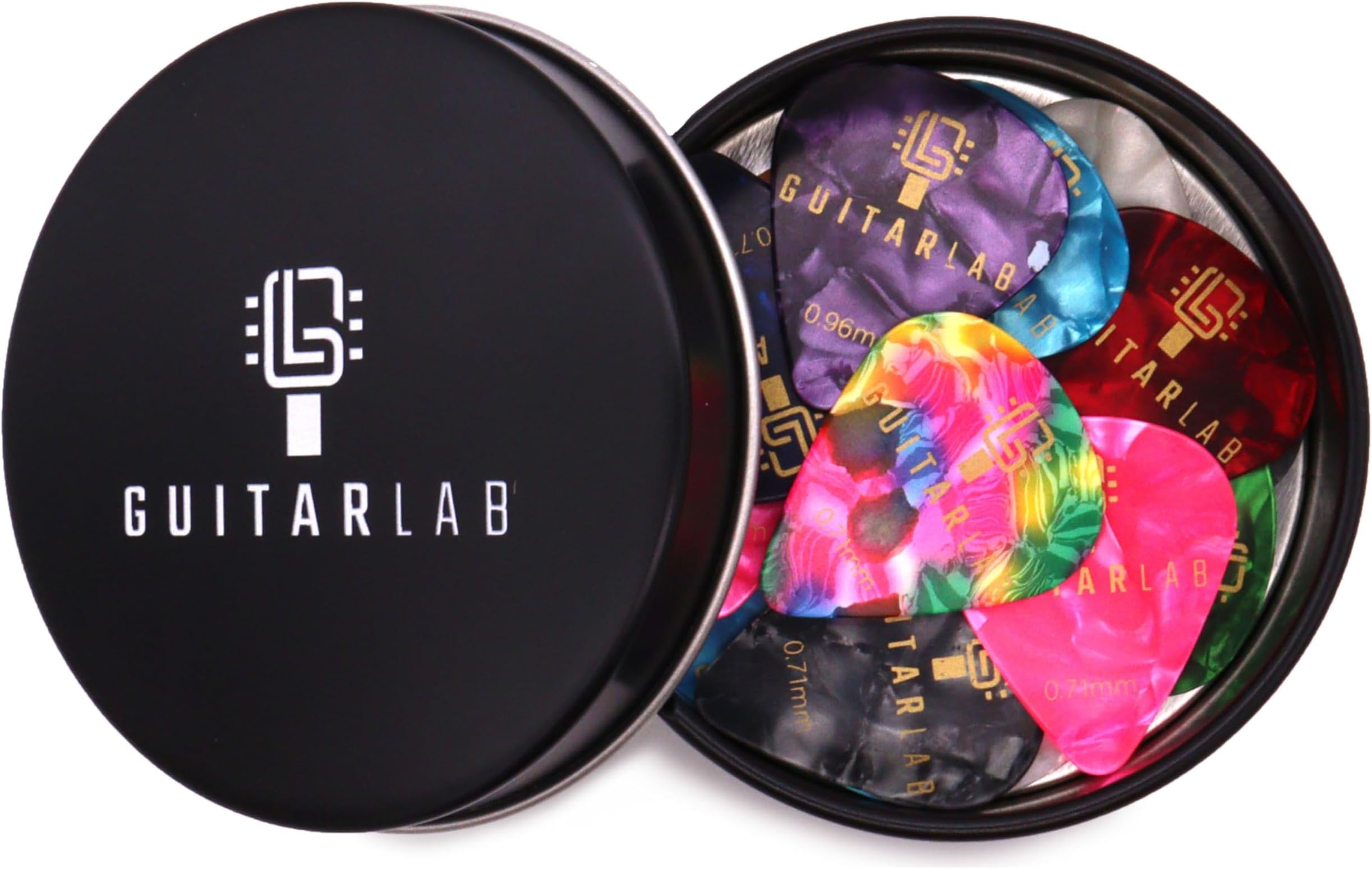 Guitar Lab Guitar Pick Gift Tin - 18pcs Guitar Picks for Acoustic Guitar - Celluloid plectrums Guitar Pick for Electric, Acoustic, Bass & Ukulele - Thin, Medium & Heavy Design, Beginners to Performers