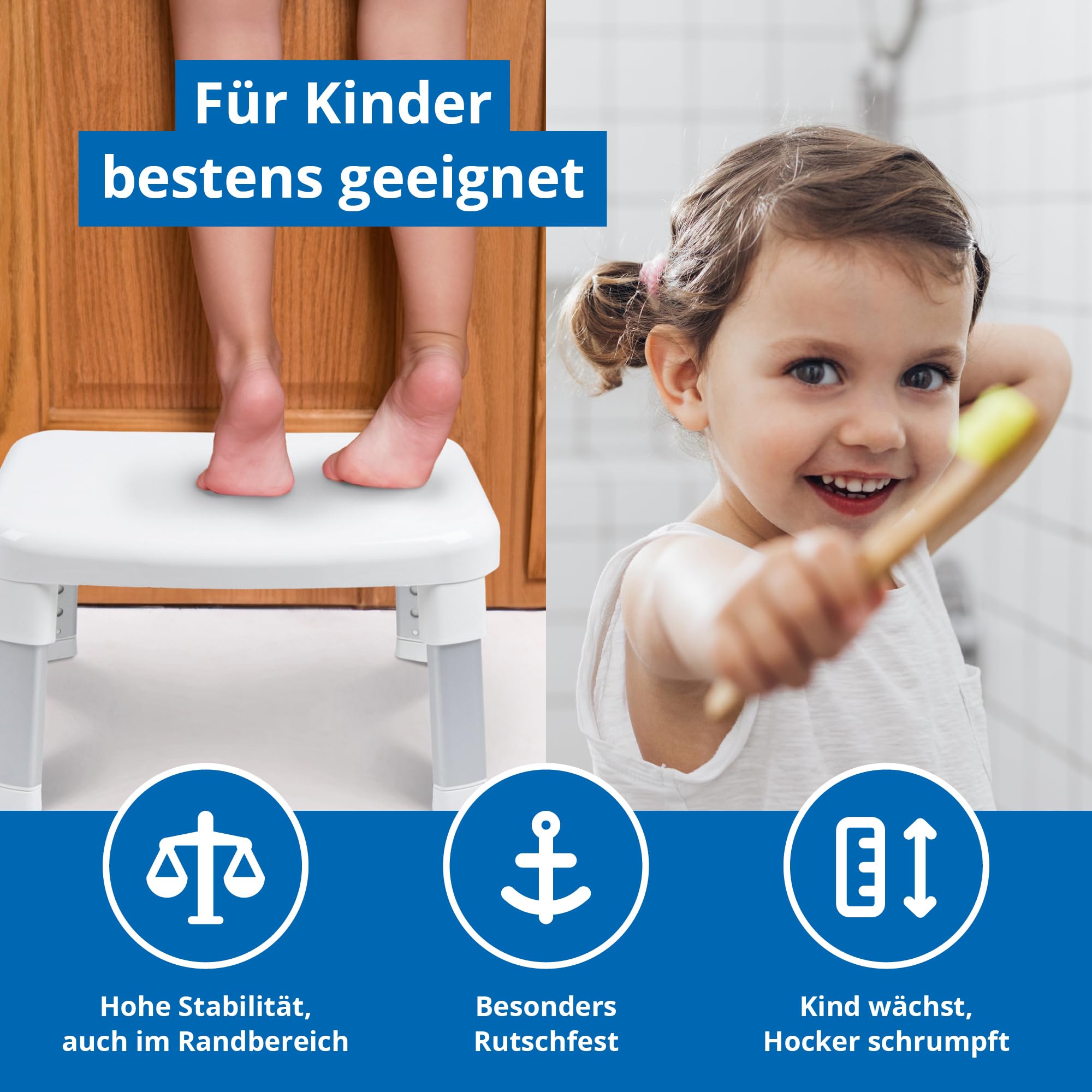 Weinberger Fußhocker Tritthocker | Einstiegshilfe Badewanne | Trittstufe Waschbecken | Höhenverstellbar | Anti-Rutsch | Moderne Badezimmerhilfe für Senioren und Kinder | Modell 43910 | Weiß