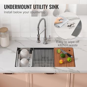 VEVOR 32 inch Kitchen Single Sink, 304 Stainless Steel Undermount Sink Drop-In Single Bowl Farmhouse Basin with Ledge & Multiple Accessories, Household Dishwasher Sinks for Prep Kitchen, Bar 32*19