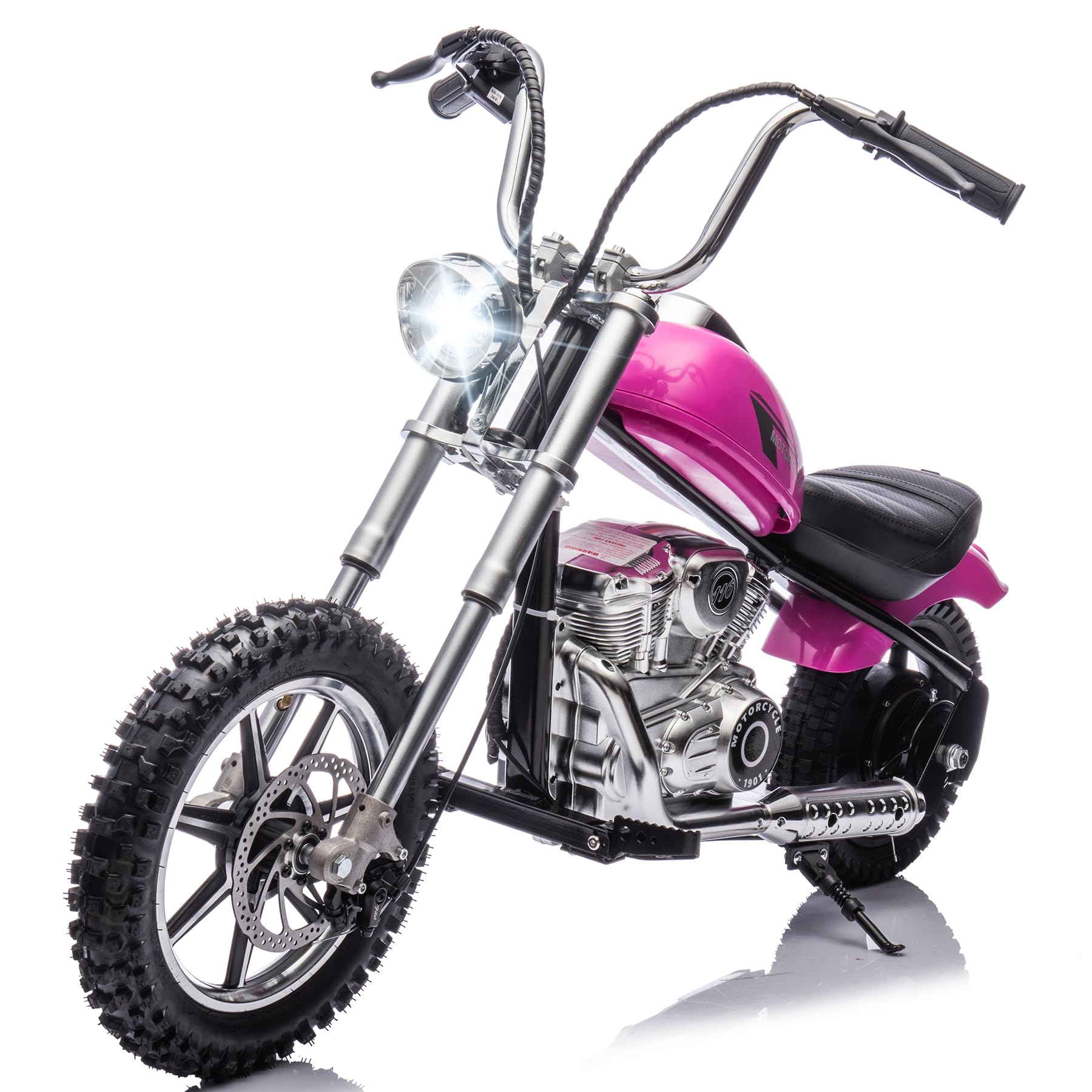 36V 7.5AH Electric Motorcycle for Kids, 350W Strong Motor 14MPH Fast Speed Electric Retro Off-Road Motorcycle, Leather Seat Dirt Bike, LED Lights, Air-Filled Tires, Silver Pink