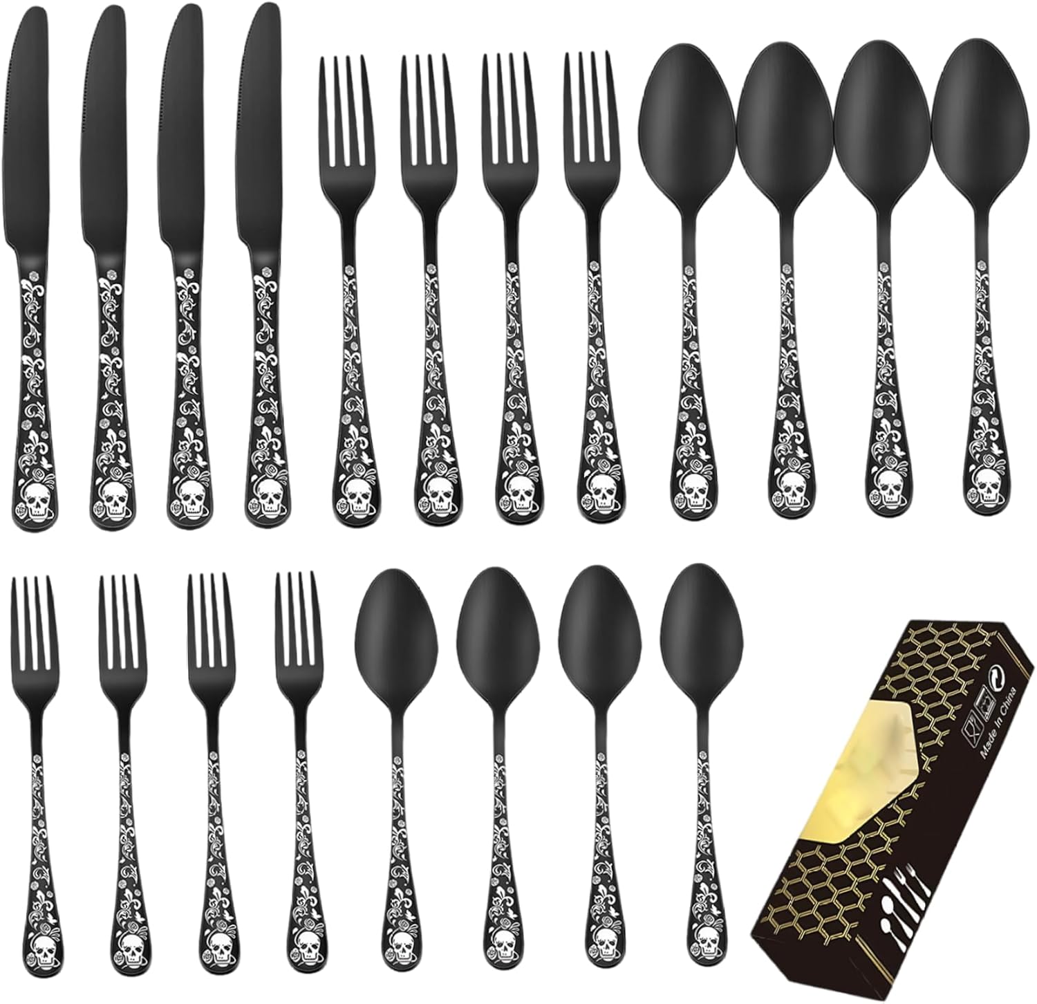 Black Silverware Set for 4, 20-Piece Stainless Steel Halloween Dinnerware Include Knife Fork Spoon Gothic Skull Silverware Set for Home Party RestaurantFlatware for 4