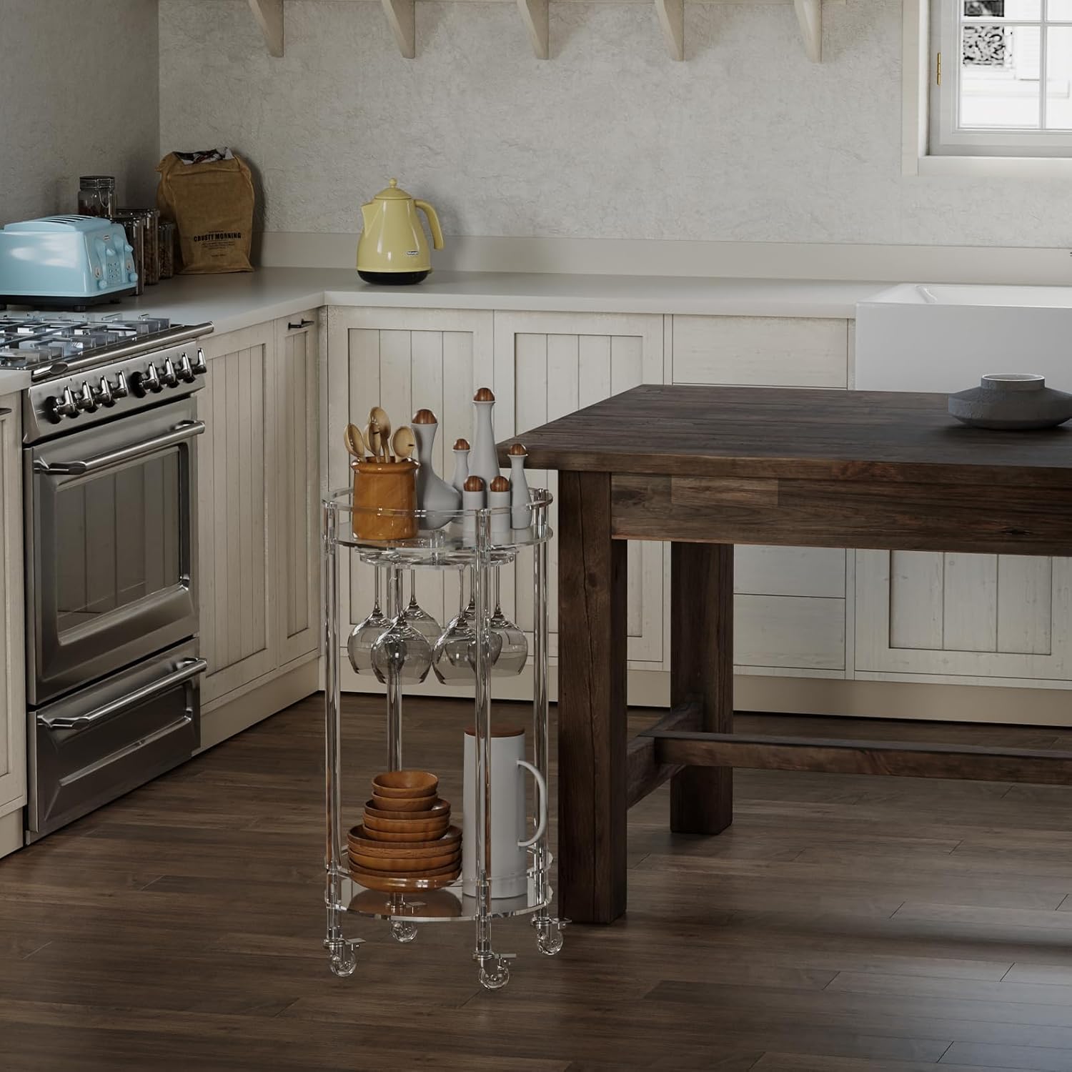 Eglaf Acrylic Bar Cart - Round Rolling Bar Cart - 2 Tiers Home Bar Serving Cart with Lockable Wheels, Glass Holders, for Bar, Living Room, Kitchen, 15.7" D x 15.7" W x 31.1" H, Clear