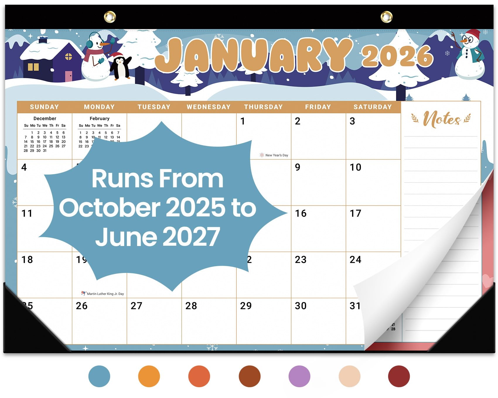Tischkalender 2025–2026, 21 Monate, Kalender von Oktober 2025 bis Juni 2027, großer 43,2 x 30,5 cm, Desktop/Wand-Monatskalender für Zuhause, Schule oder Büro, Aquarell-Festival