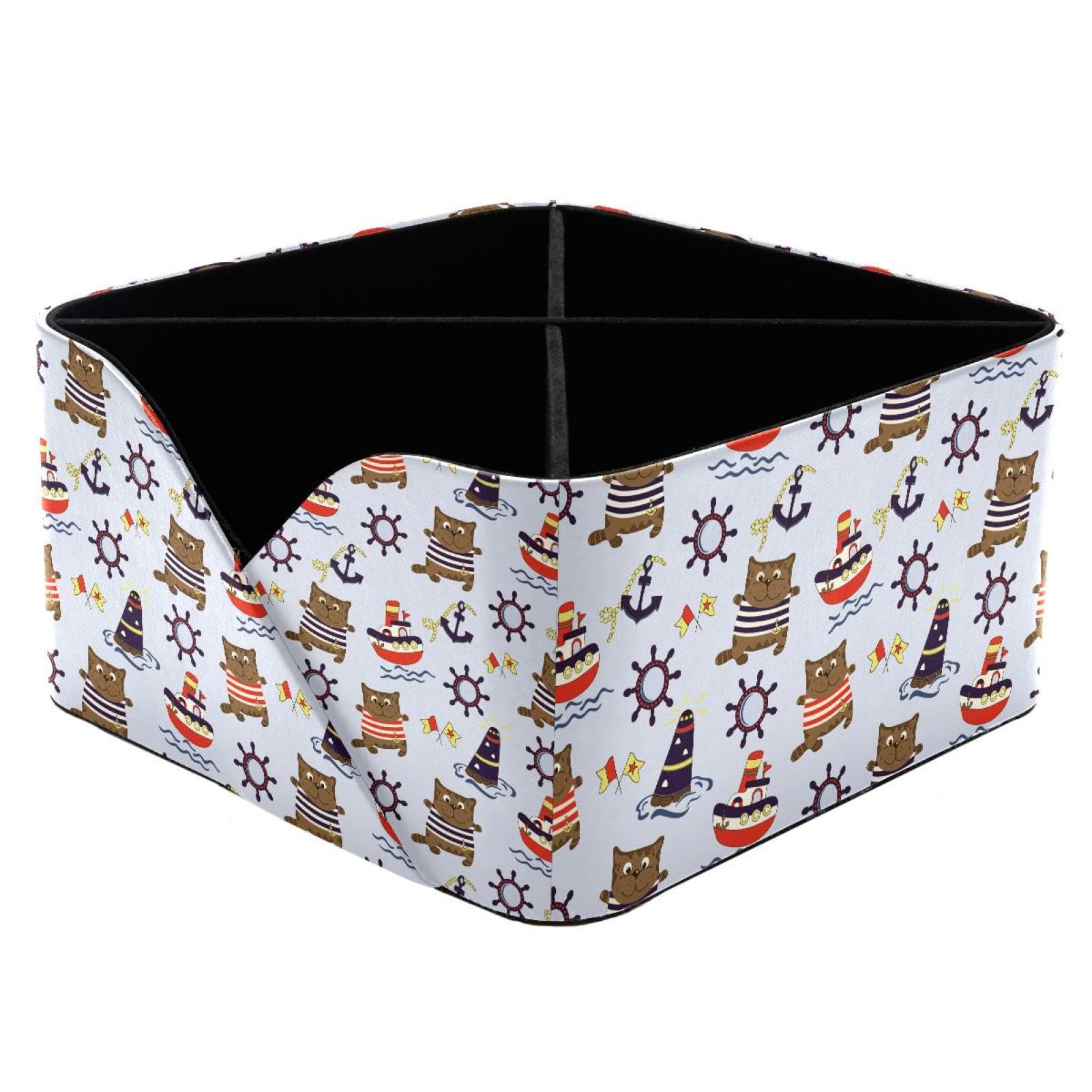 KengjuTesu Steamer Ship Anchor Cat Pattern Desktop Organizer Pen Holder, Rectangular Pencil Cup for Office, Study and Makeup Stations