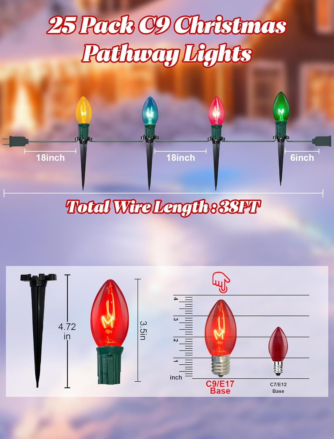38FT C9 Christmas Stake Lights Outdoor,25 Pack Weatherproof Christmas Pathway Lights with C9 Multicolor Bulbs and Stakes for Garden Lawn Backyard Snowfield Xmas Decorations