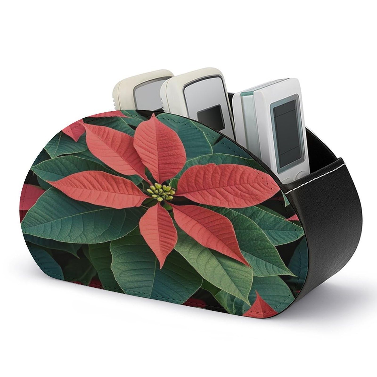 LZQPOEAS Poinsettia Remote Control Holder with 5 Compartments PU Leather Remote Organizer Box Caddy for Table Nightstand Remote Caddy Desktop Organizer Fits Media Controllers