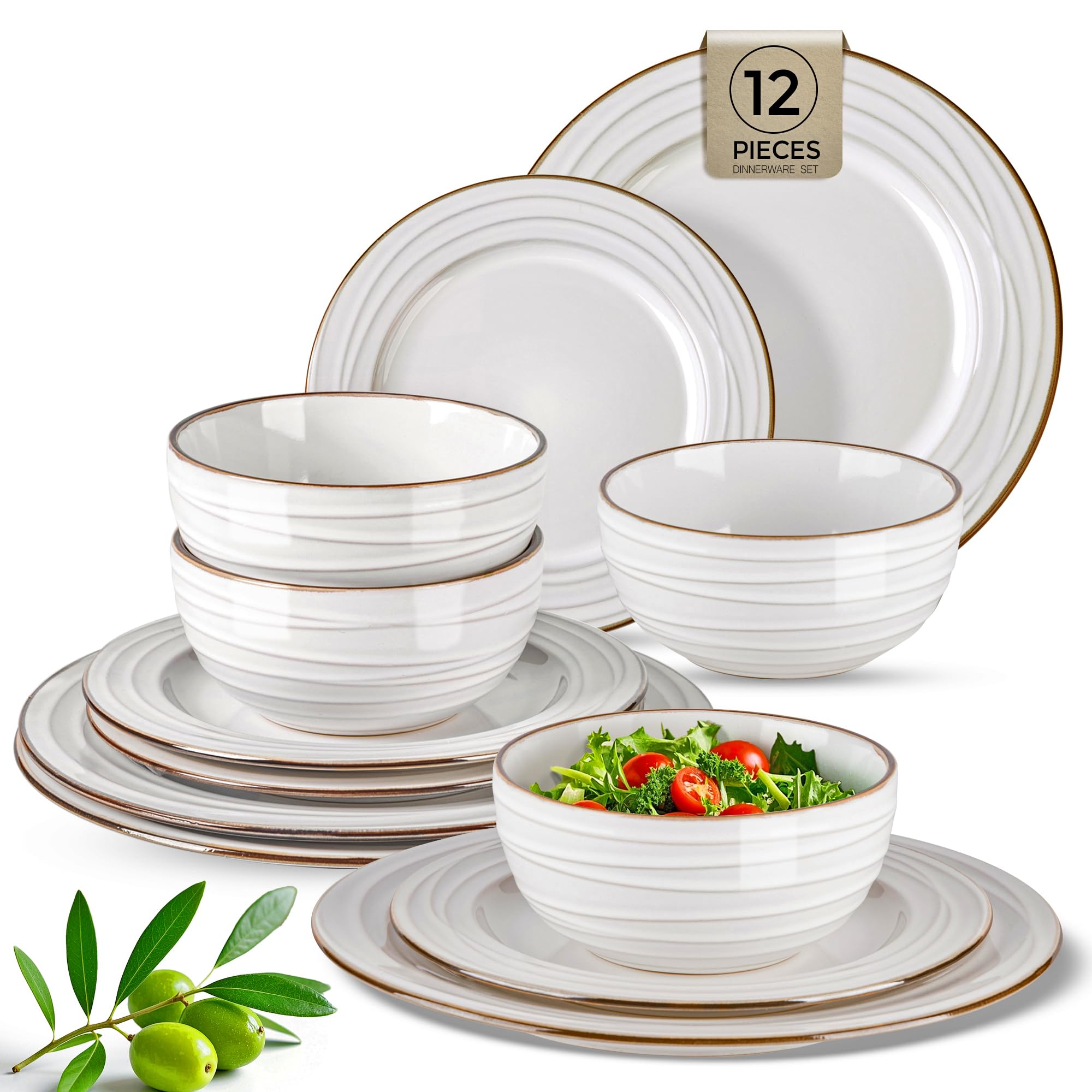GBHOME Ceramic Dinnerware Sets,12 pcs Embossed Elegant Stoneware Plates and Bowls Sets, Housewarming Wedding Gift | Dishwasher &amp; Microwave Safe | Dishes Set Service for 4