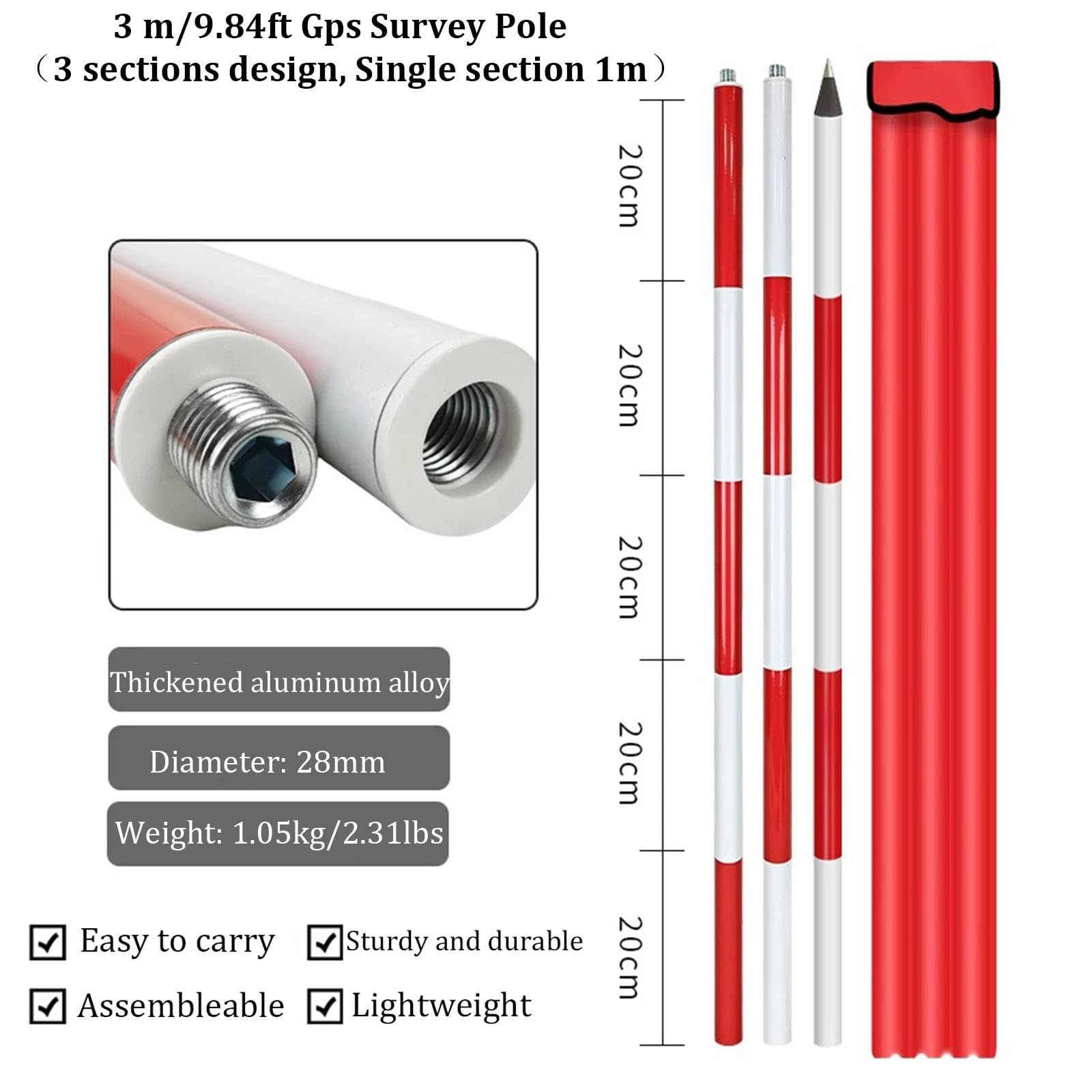 Pértiga de prisma de aluminio para topografía, pértiga de prisma de aluminio de alta resistencia para levantamientos topográficos, marcado de obras y trabajos de medición en ingeniería(3m/9.84ft)