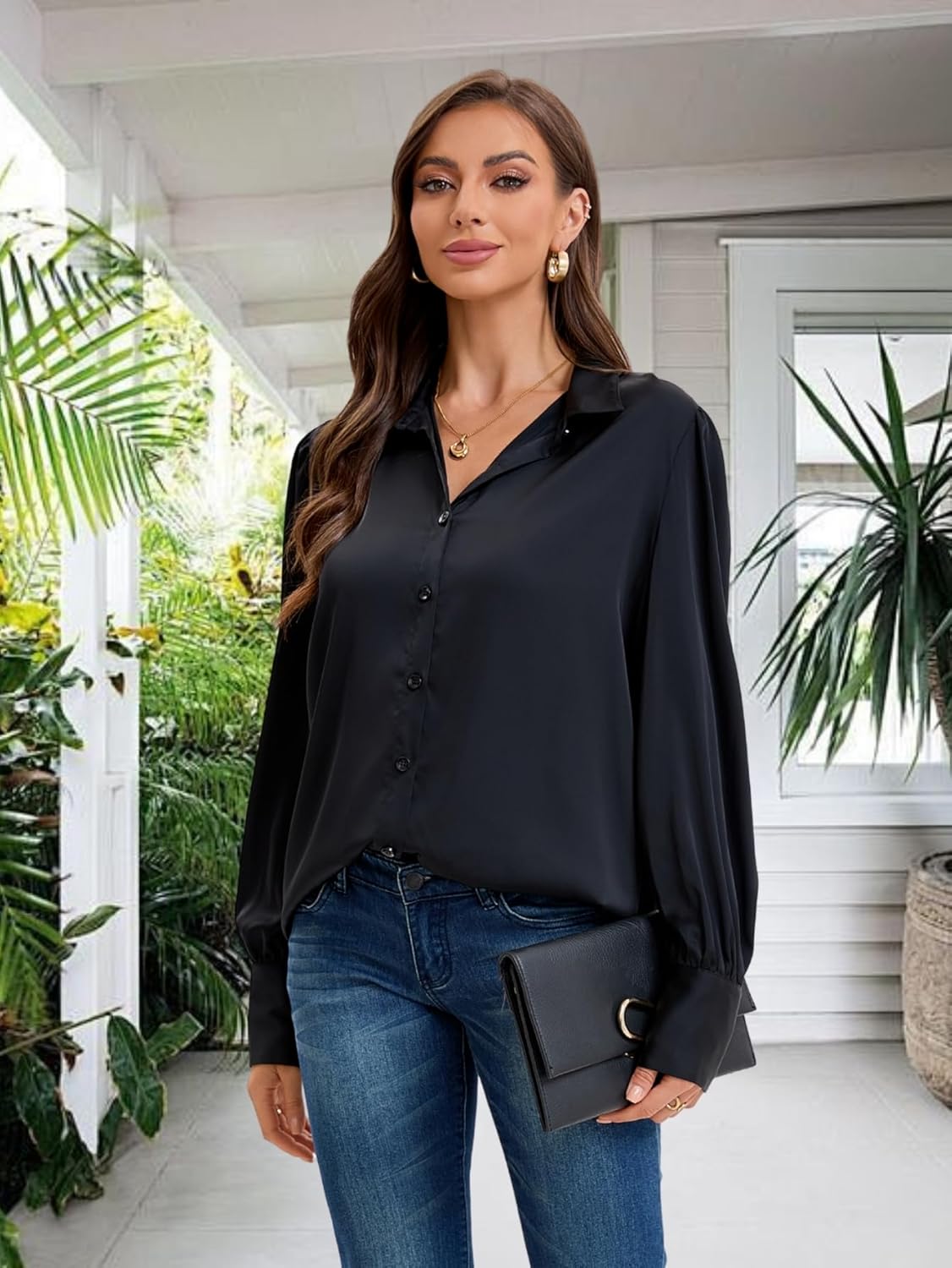 Satin Silk Button Down Shirts for Women Dress Shirts Casual Loose Long Sleeve Blouse Business Work Tunic Tops - Image 2