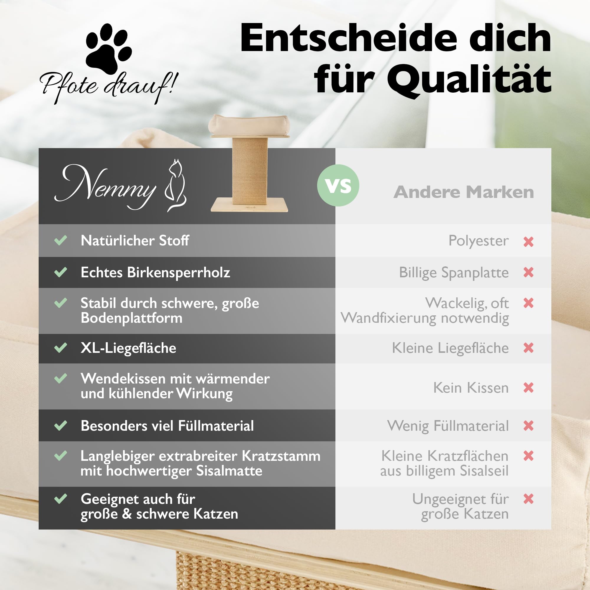 Nemmy Premium Kratzbaum klein aus Holz mit waschbarem XL Katzenbett, Beige | Geruchsneutral. Stabile Anti-Rutsch-Füße. Sisalmatte statt Seile. Für Schlafzimmer & Büro. Ersatzteile erhältlich.