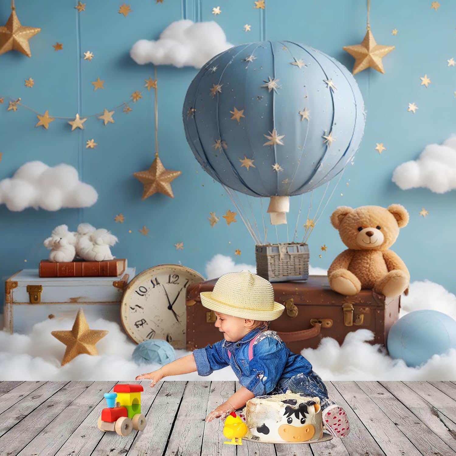 Fondo para Primer Cumpleaños 2.2x1.5m, Oso Azul con Globo Aerostático - Fotografía para Niño de 1 Año Baby Shower Fiesta Decor Banner Accesorios de Estudio