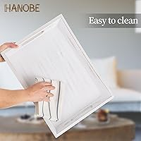Vista 7 de Hanobe Bandeja decorativa de madera para servir bandejas otomanas de madera rústica para mesa de café, bandeja rectangular con asas para sala