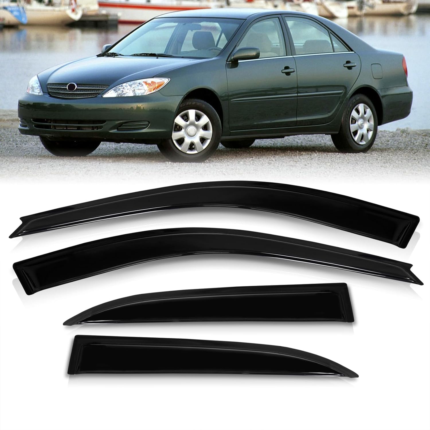 AJP Distributors JDM 4PCS Tape-On Side Door Window Visor Rain Guard Sun Shade Vent Aero Wind Deflector Shield Compatible/Replacement For Camry XV30 4DR Sedan 2002 2003 2004 2005 2006 02 03 04 05 06