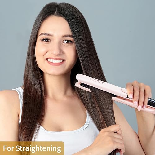 Miniatura 4 de ANGENIL Pro Titanium - Plancha de pelo de hierro plano, alisador y rizador de doble voltaje antiquemaduras, 2 en 1, alisador de pelo rosa redondo de