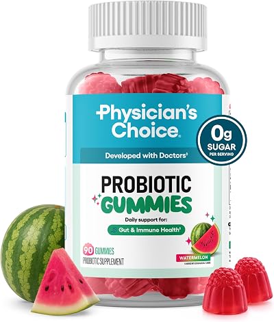 Physician's CHOICE Probiotic Gummies with Vitamin D & Prebiotic Fiber - Sugar Free - 1B CFUs of Clinically Studied Probiotic - Supports Immune & Gut Health for Women & Men - Watermelon Flavor - 90CT
