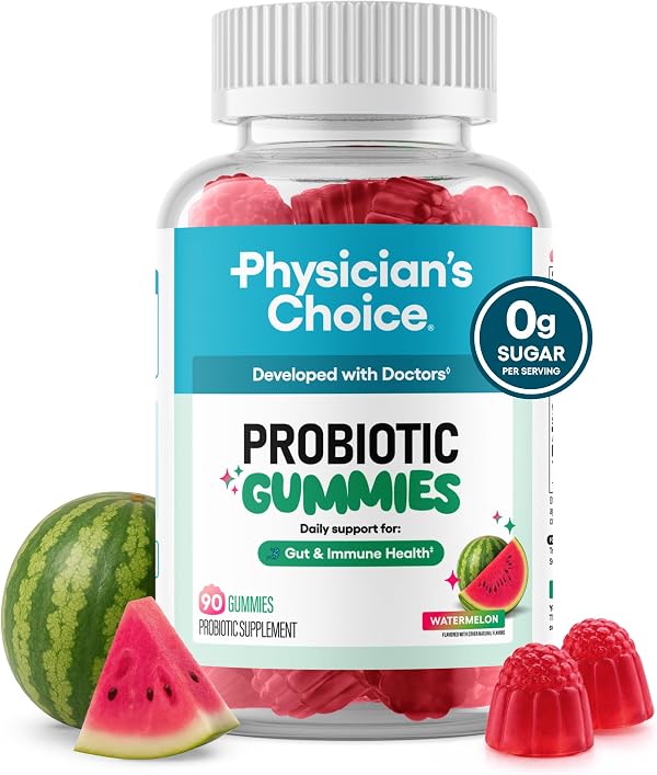 Physician's CHOICE Probiotic Gummies with Vitamin D & Prebiotic Fiber - Sugar Free - 1B CFUs of Clinically Studied Probiotic - Supports Immune & Gut Health for Women & Men - Watermelon Flavor - 90CT