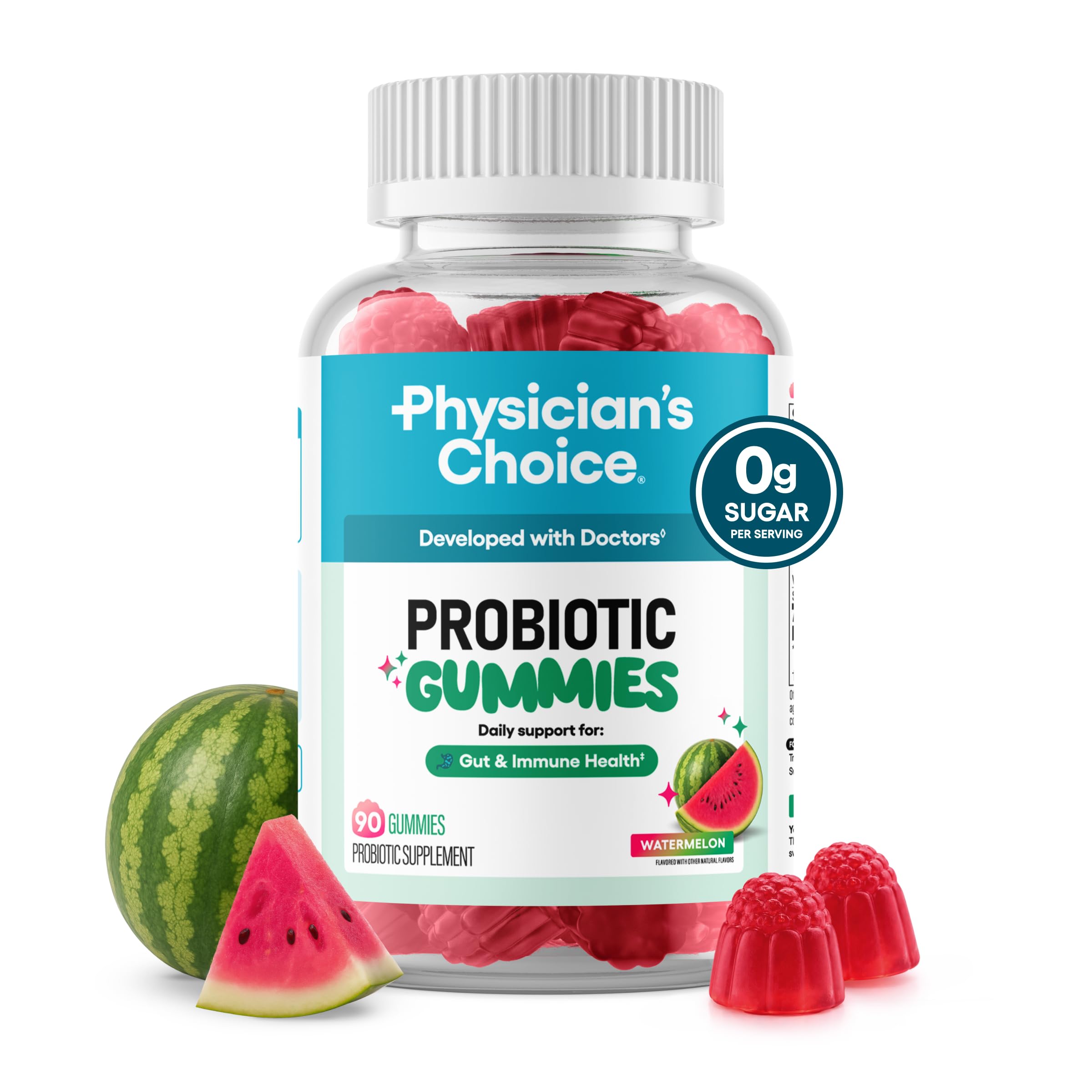 Physician's CHOICE Probiotic Gummies with Vitamin D & Prebiotic Fiber - Sugar Free - 1B CFUs of Clinically Studied Probiotic - Supports Immune & Gut Health for Women & Men - Watermelon Flavor - 90CT