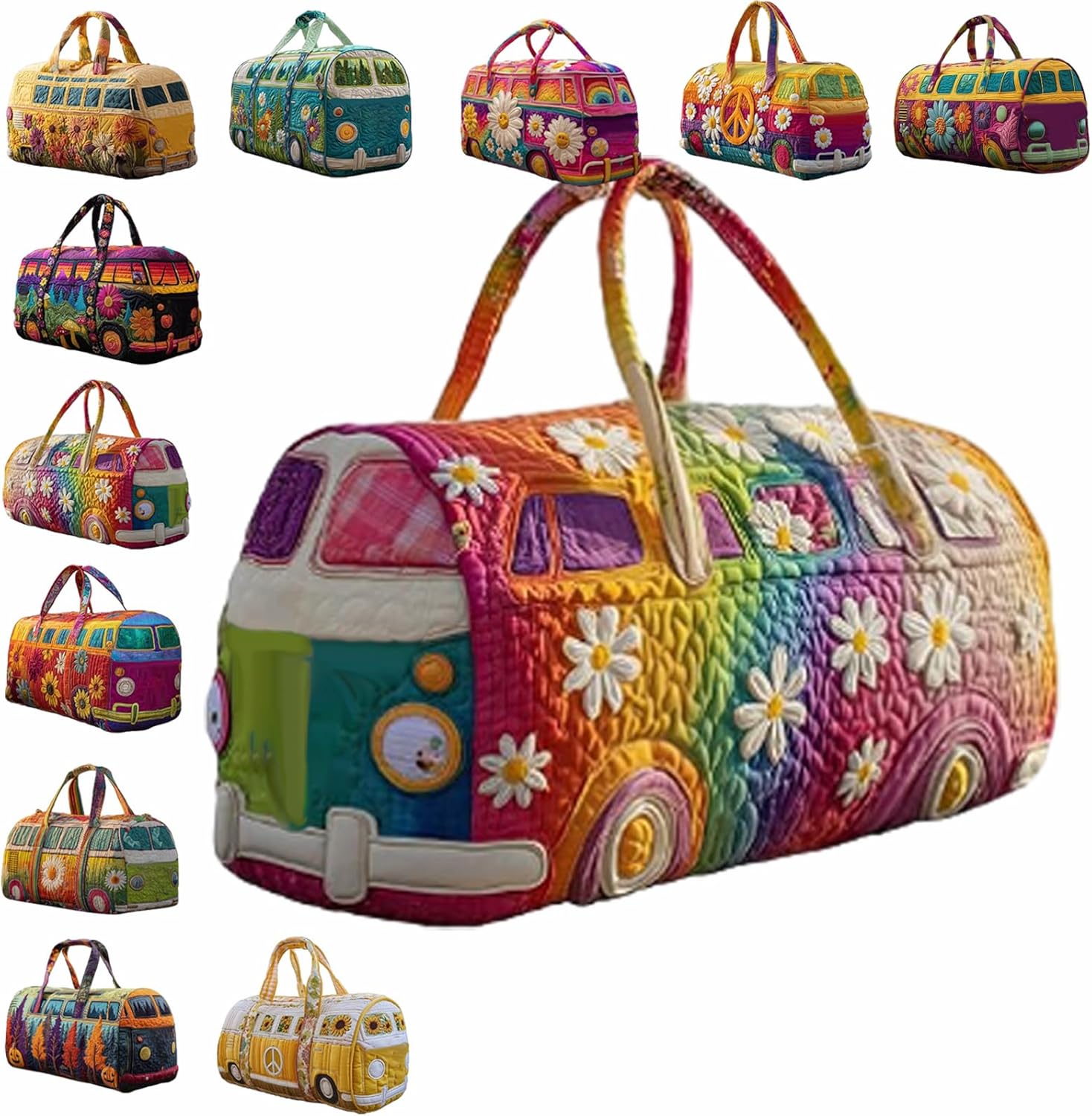 Hippie Bag, Hippie Van Quilted Duffle Bag, Quilted Weekender Bag, Boho Travel Bag Retro Style for Everyday Travel