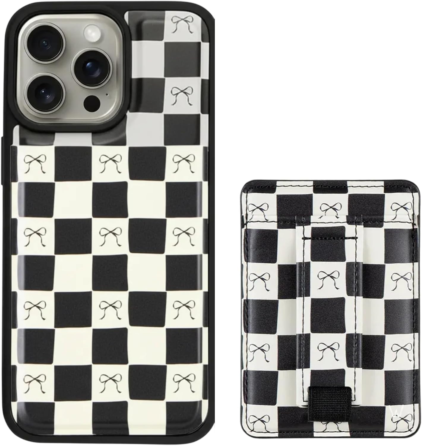 Walli Bundle for iPhone 15 Pro Max – Aesthetic Magnetic Phone Case + Compatible Magnetic Wallet with Card Holder, Kickstand & Finger Strap - Bow Noir