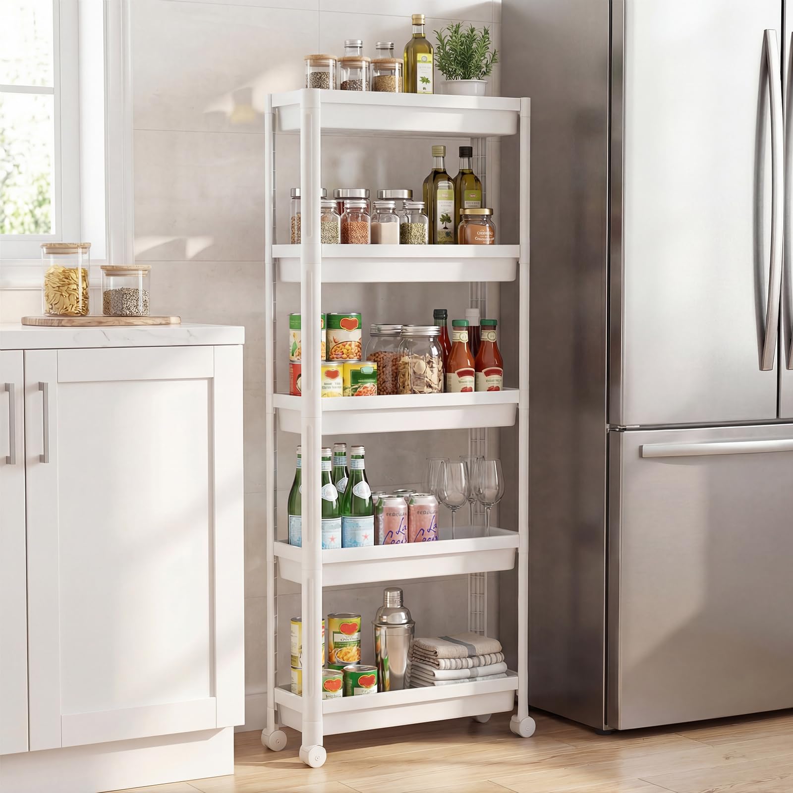 COSTWAY Carrello di Stoccaggio con Vassoi, Organizzatore da Bagno a Ripiani Aperti con Maniglie e Ruote, Carrello Sottile Salvaspazio per Cucina Lavanderia e Ufficio (5 ripiani,Bianco)