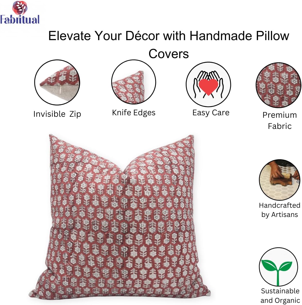 Block Print Thick Linen 18x18 Inch Throw Pillow Covers, Handmade Vintage Pillow Covers for Sofa and Couch, Floral Print Outdoor Cushion Cover with Boho Home Decor (Tulsi Buti-Maroon)