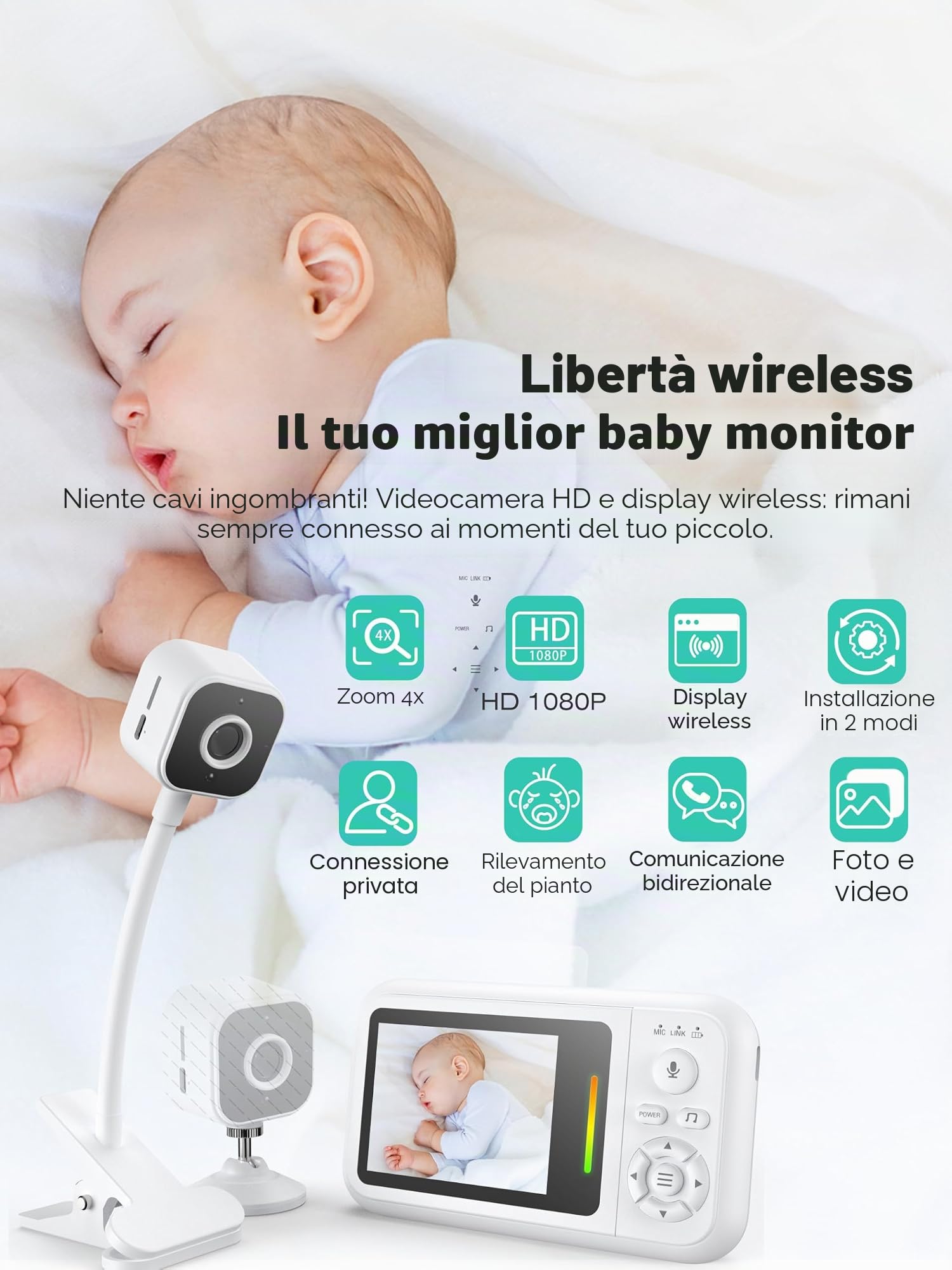 Babyphone Camera con Clip e Supporto per Letto, 1080P Camera Bebe Monitoraggio senza WiFi, Visione Notturna, Audio Bidirezionale, Rilevamento Pianto, Scheda 32G, Facile da installare, Regalo Nascita