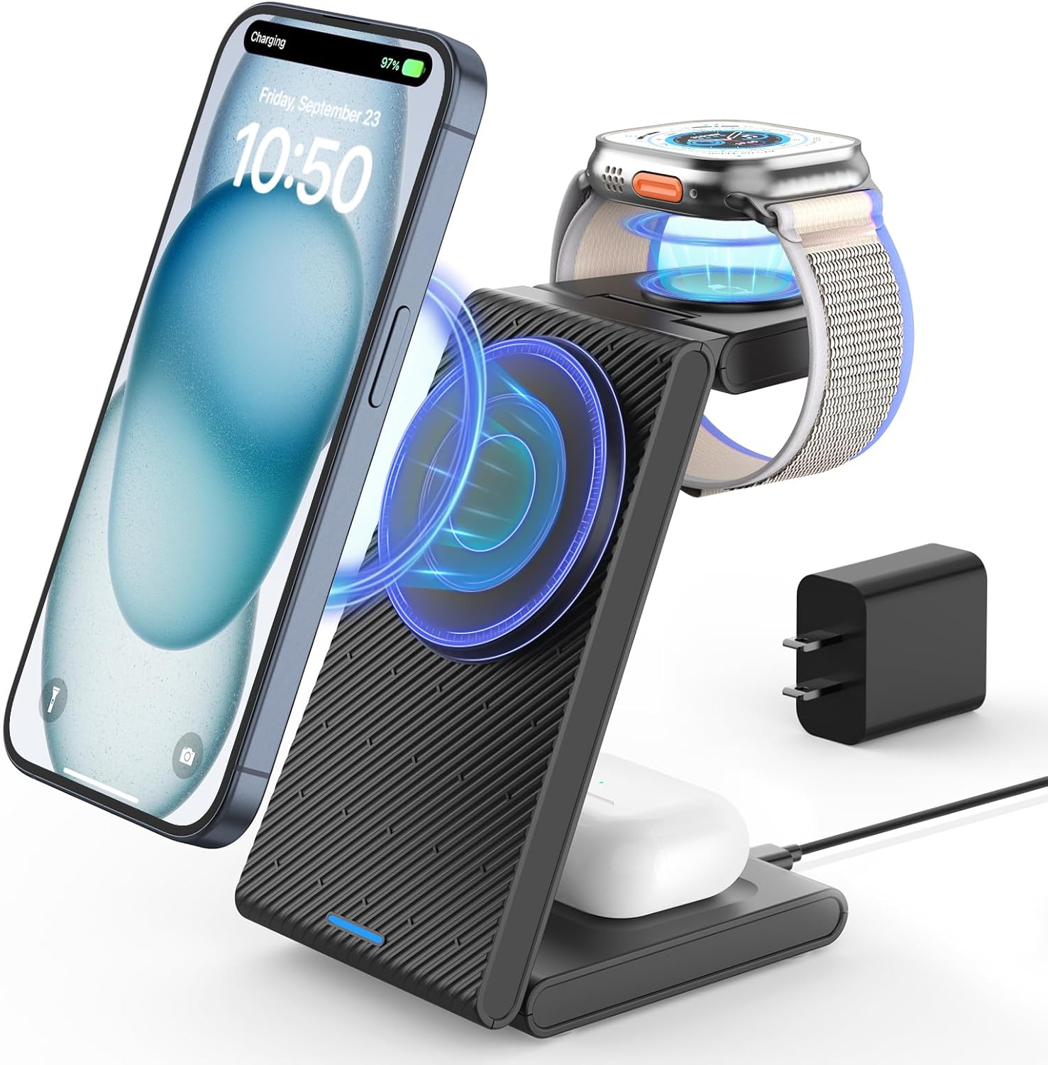 JoyGeek 3-in-1 Wireless Charging Station,Foldable Travel Charger Stand for iPhone 15/14/13/12 Series, Fast Magnetic Charging Dock for Apple Watch Ultra 2/9/8/7/6/SE/5/4/3/2,AirPods Pro 3/2