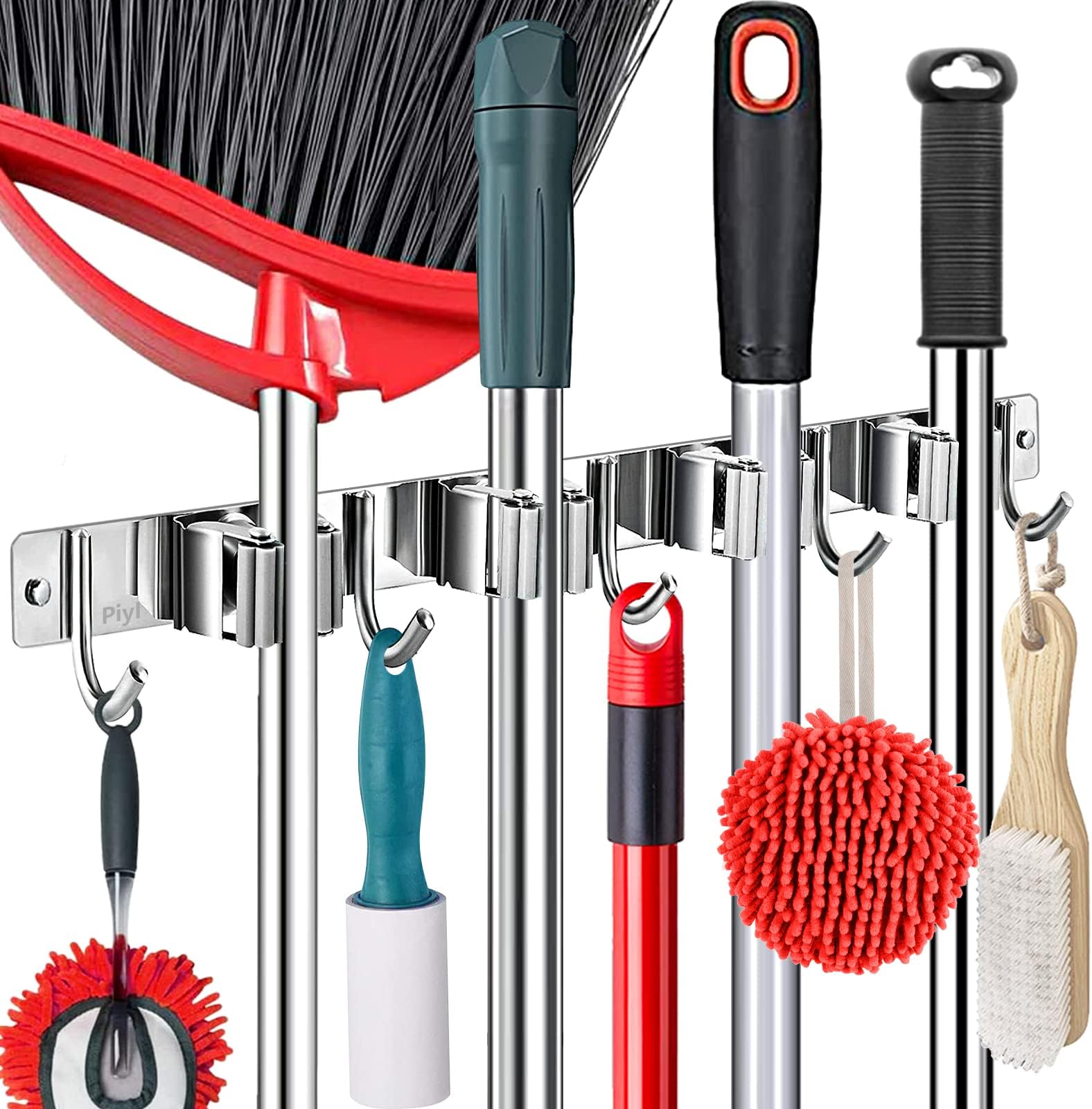 Broom Mop Holder Wall Mount Broom Hanger Wall Mounted Metal Organization Garage Storage Garden Kitchen Tool Organizer With 4 Racks and 5 Hooks (Silver, 1 Pack 4R5H)